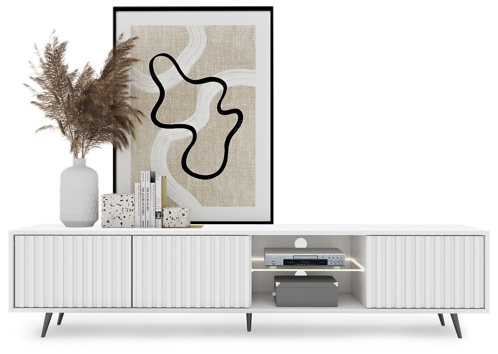 TV-Schrank Bello mit Lamellenfronten, 175 cm, weiß, mit LED und schwarzen Beinen
