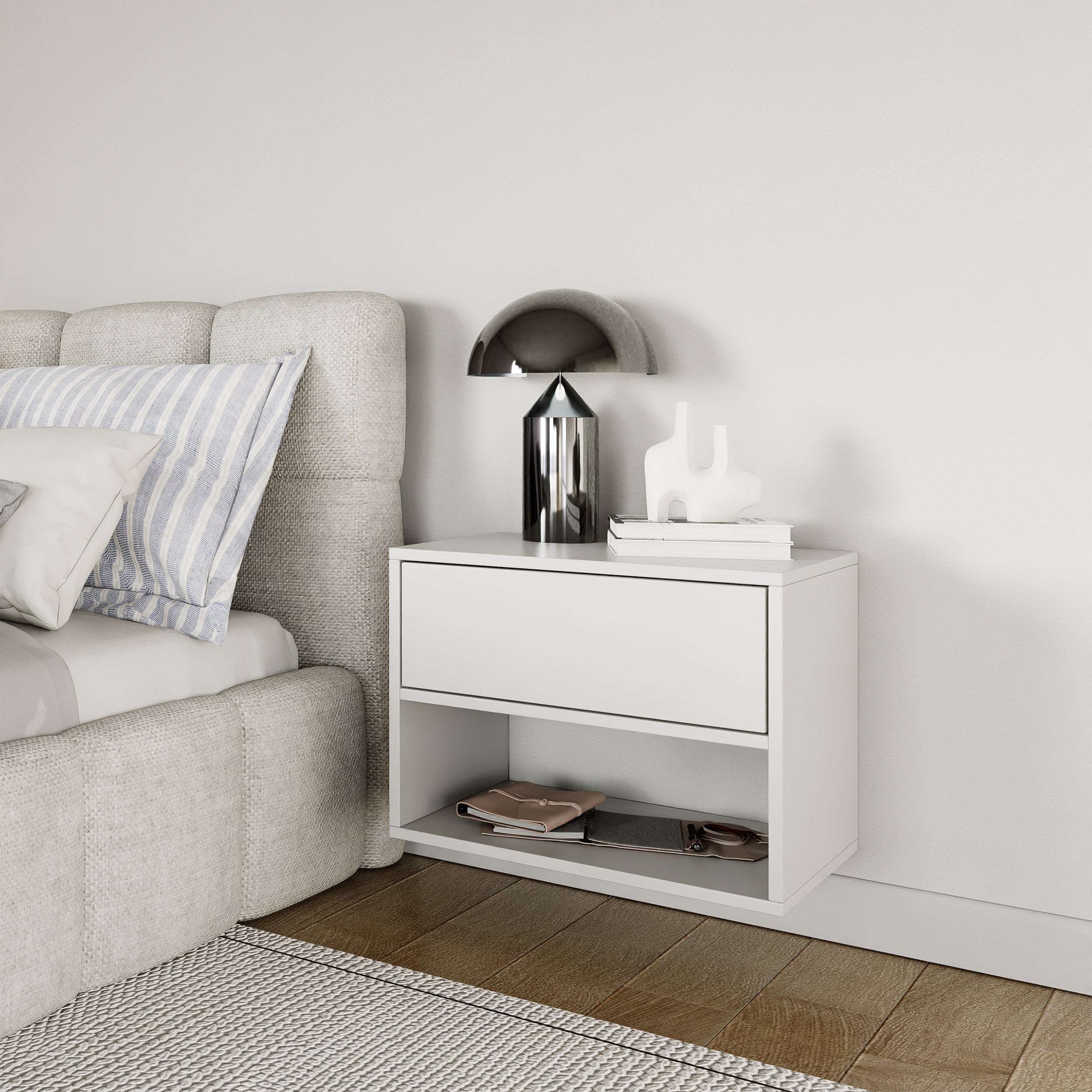Hängender Nachttisch Framme mit Schublade und Fach, 50 cm, weiß