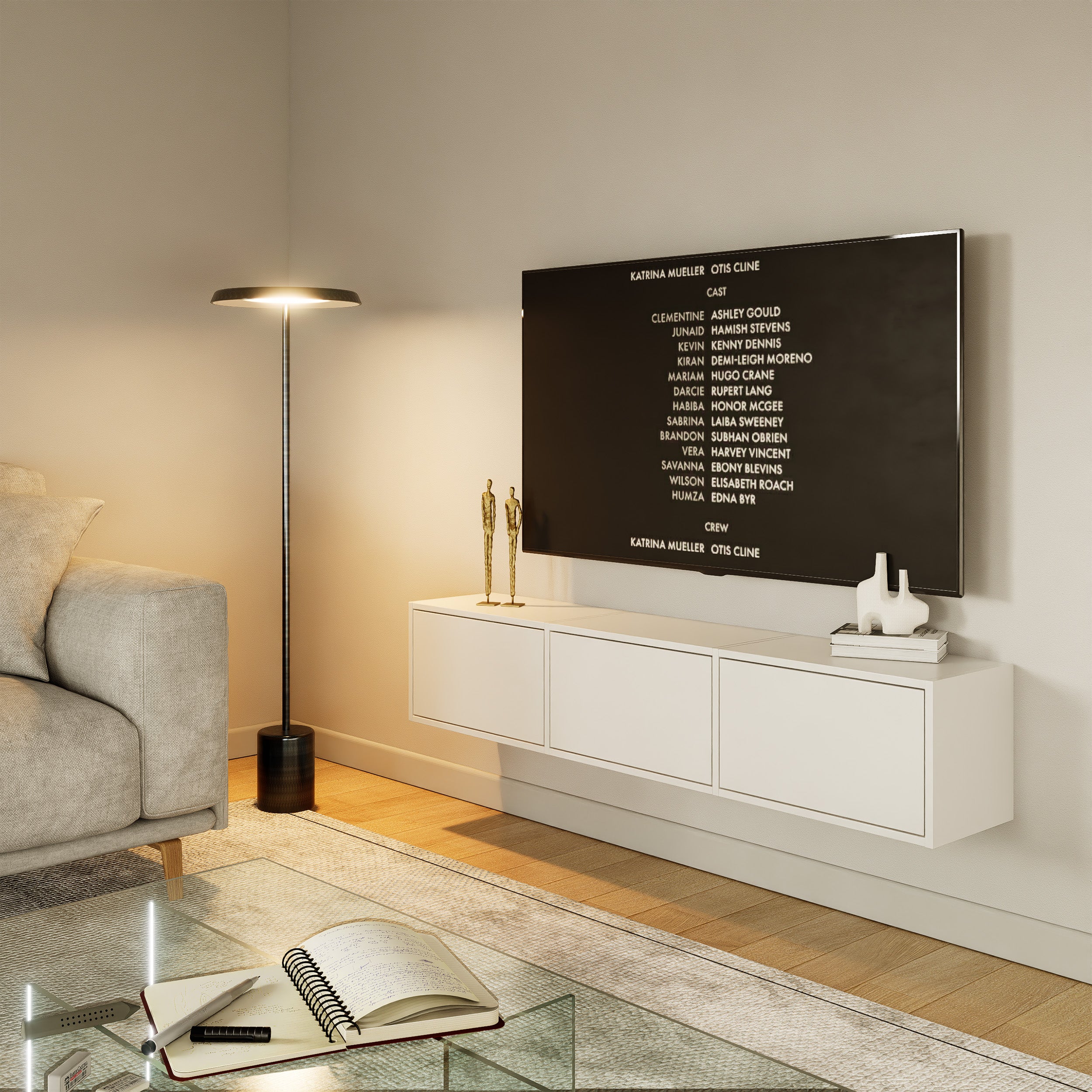 Hängender TV-Schrank Framme mit drei Klappen, 150 cm, weiß