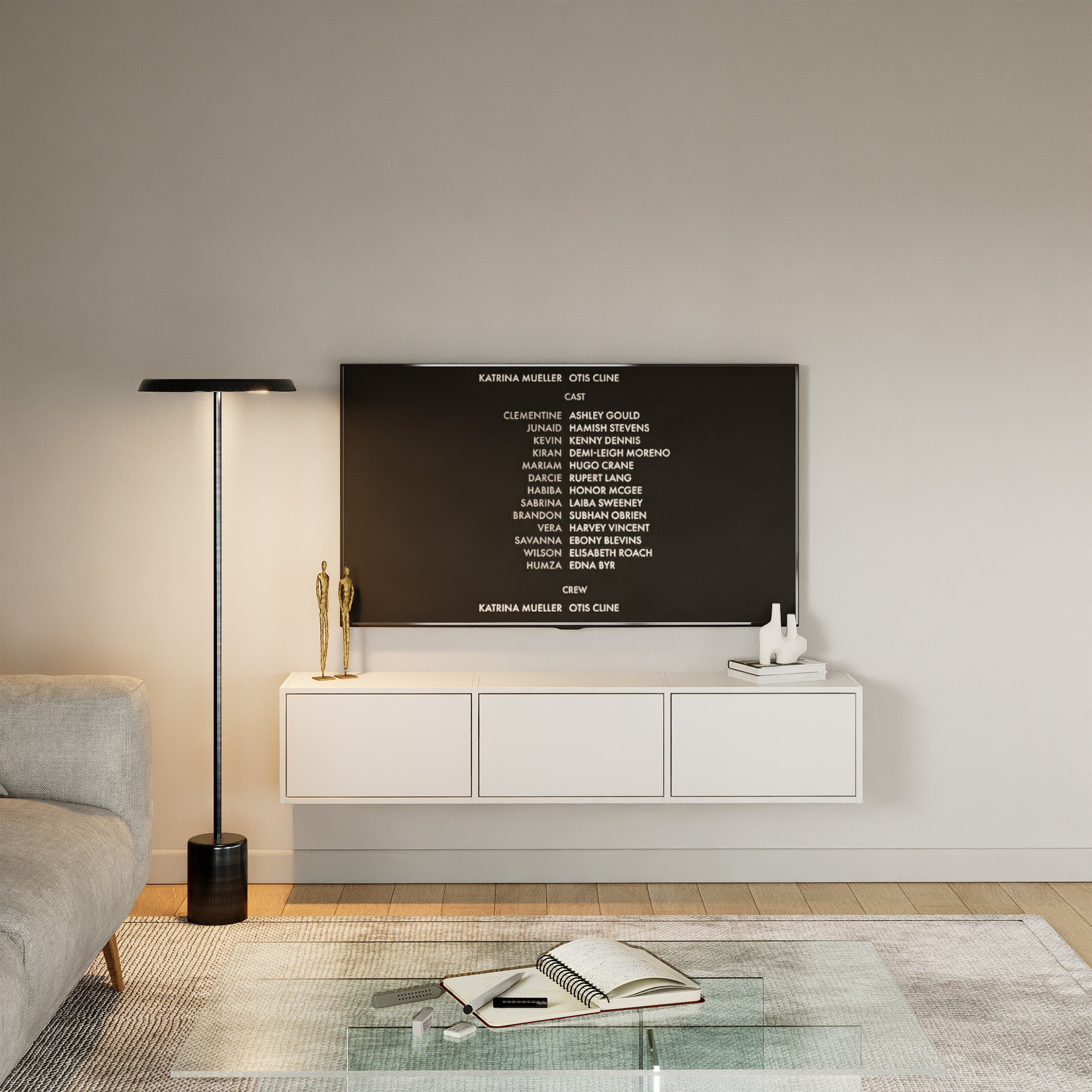 Hängender TV-Schrank Framme mit drei Klappen, 150 cm, weiß
