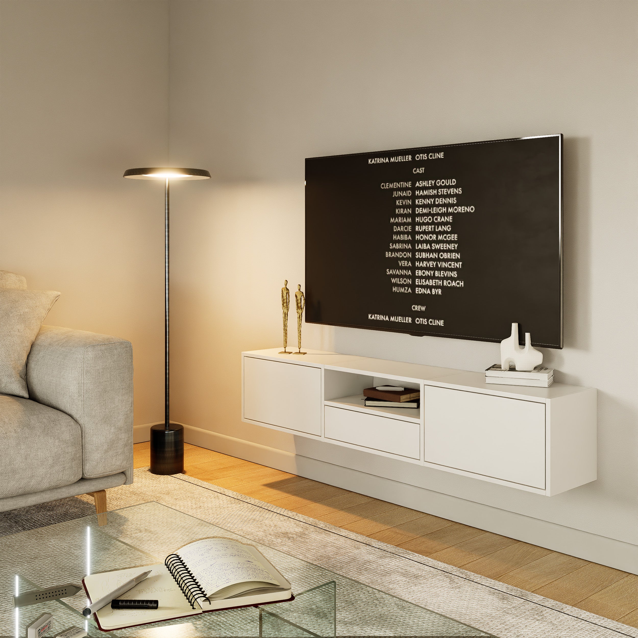 Hängender TV-Schrank Framme mit drei Klappen und Fach, 150 cm, weiß