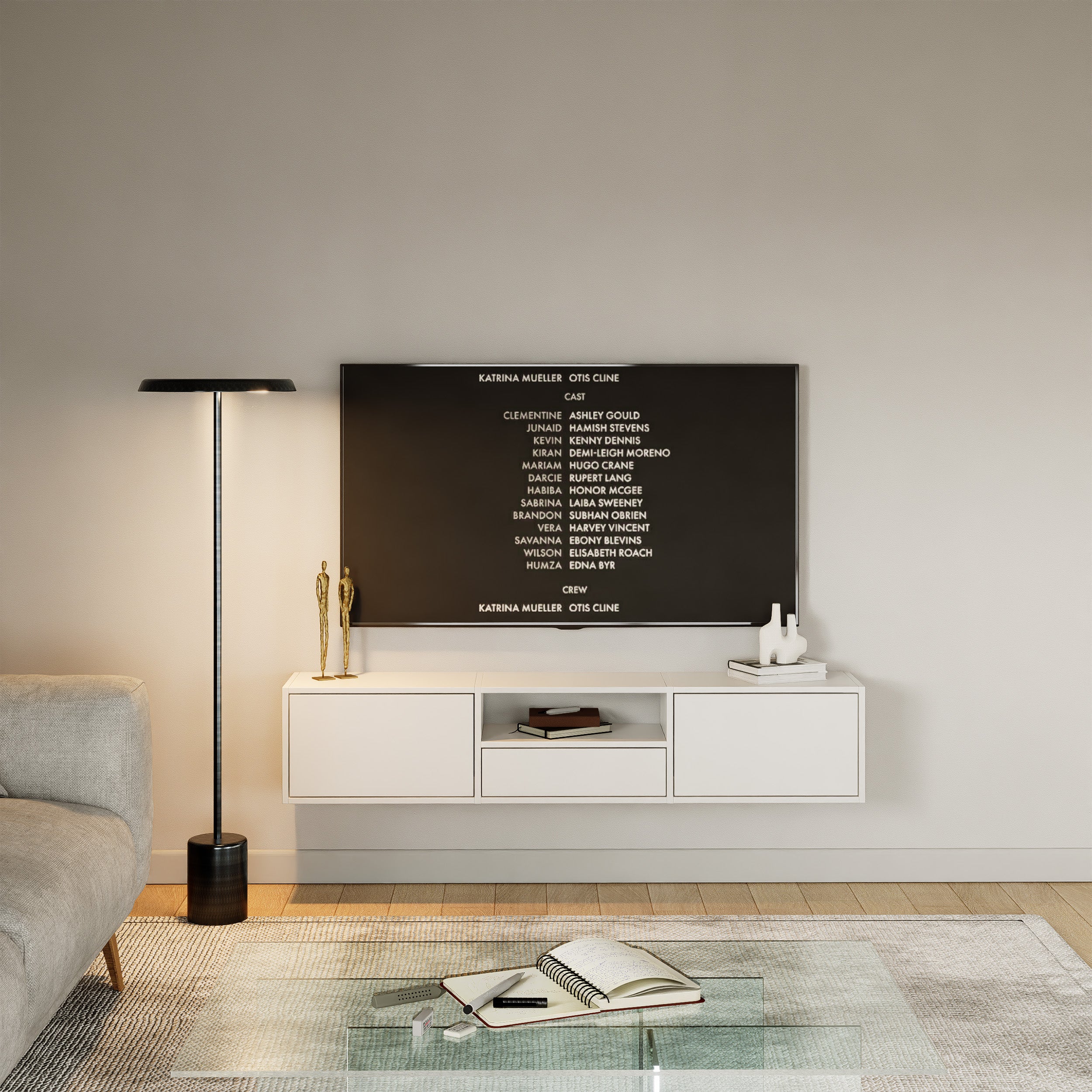 Hängender TV-Schrank Framme mit drei Klappen und Fach, 150 cm, weiß