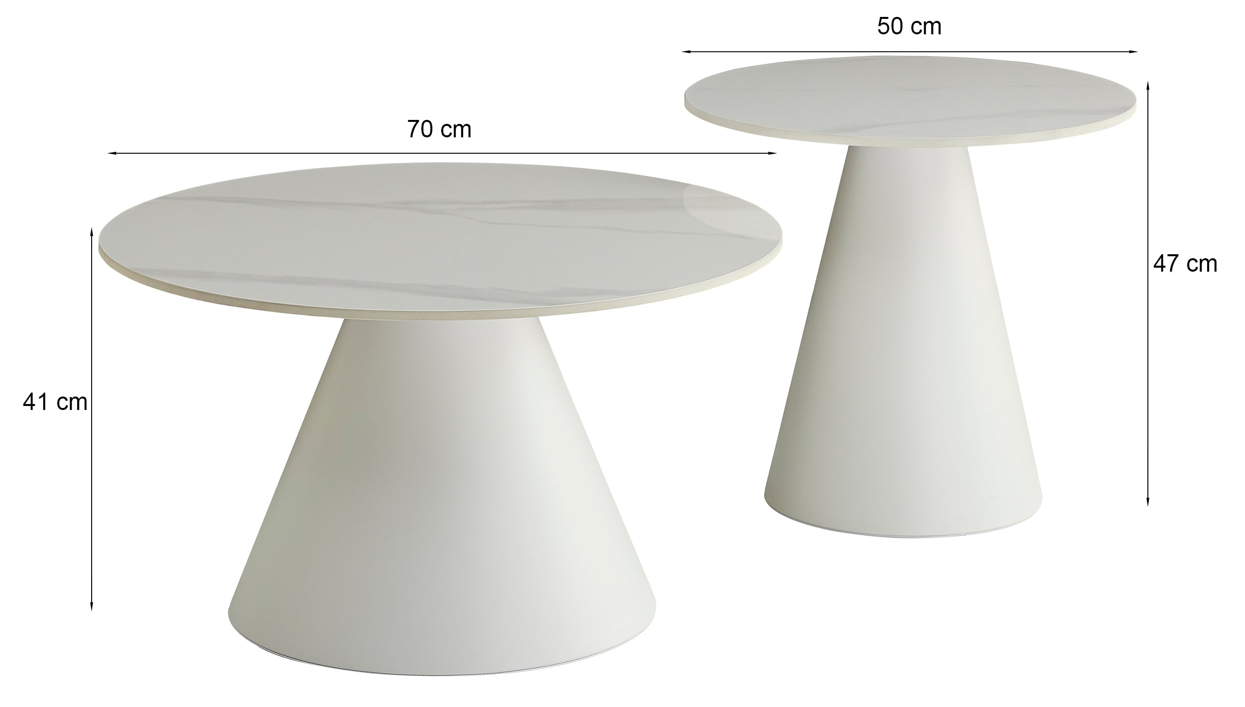 Blonco runde Couchtisch-Sets 50 und 70 cm weiß mit Steinplatte und Metallgestell