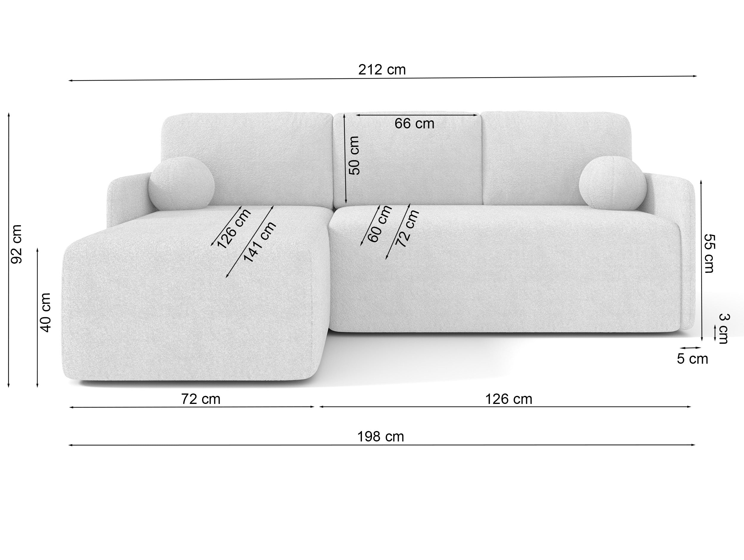 Ecksofa mit Schlaffunktion Bloom, L-förmig, mit Stauraum, beige Bouclé, universell einsetzbar