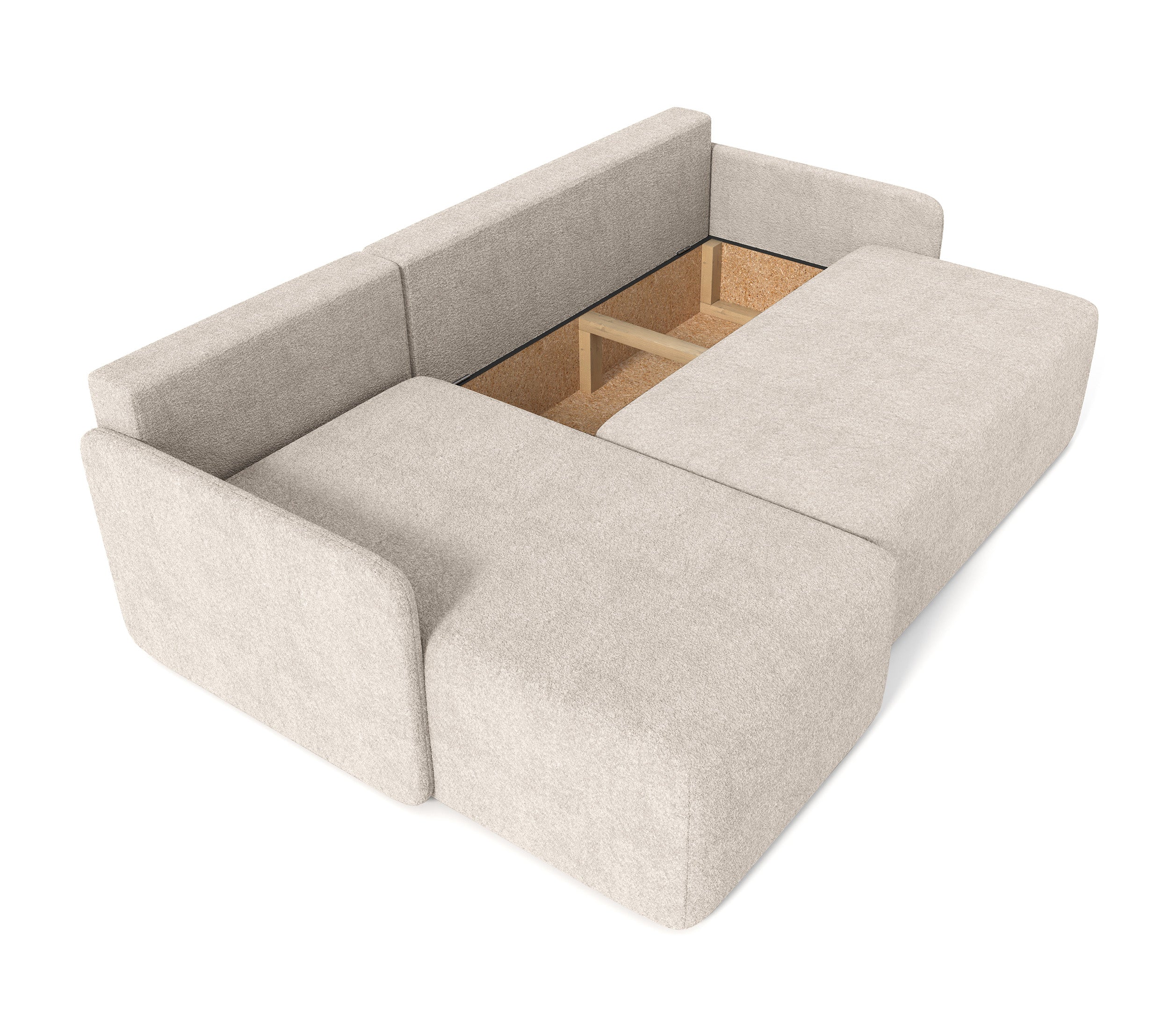 Ecksofa mit Schlaffunktion Bloom, L-förmig, mit Stauraum, beige Bouclé, universell einsetzbar