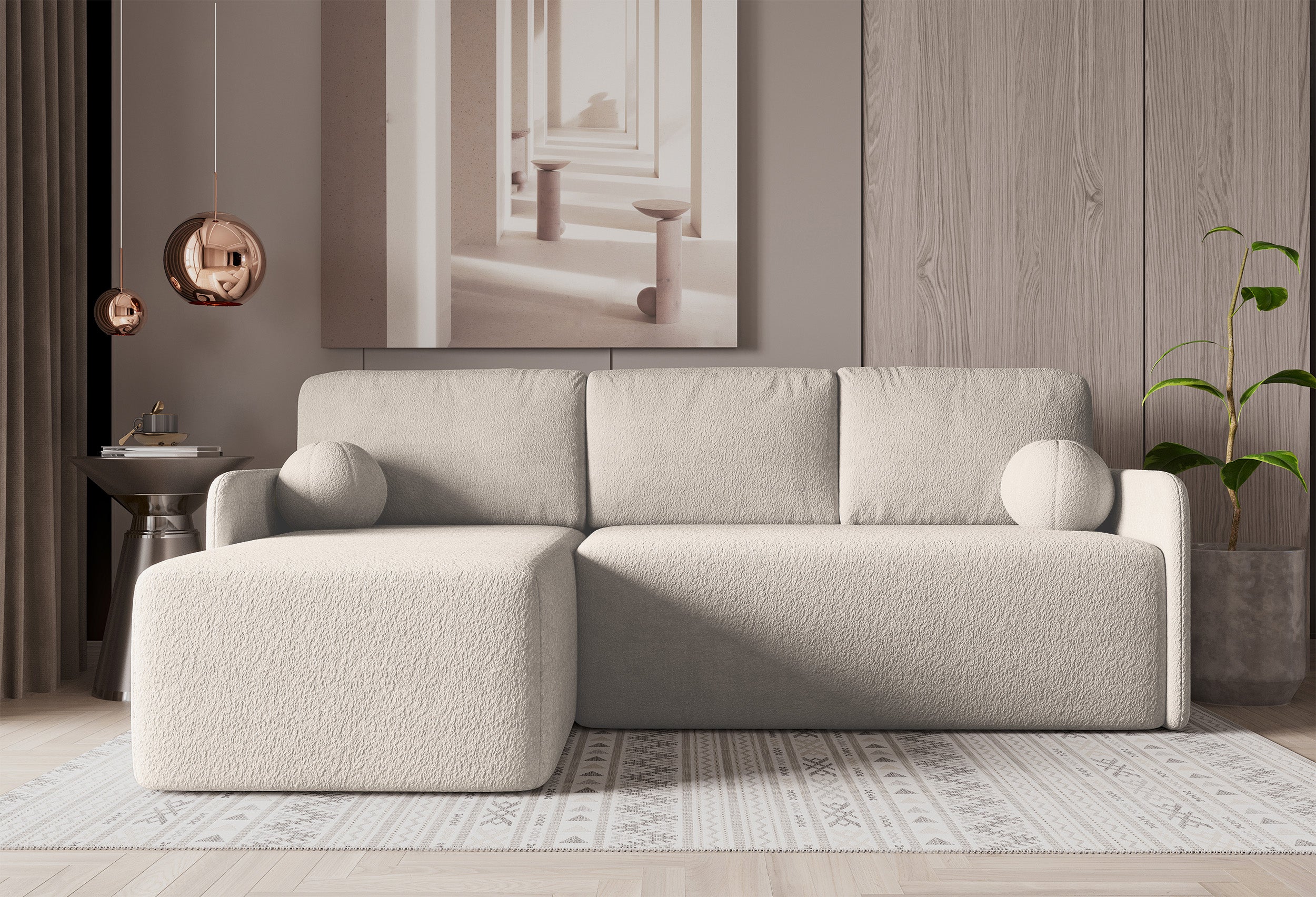 Ecksofa mit Schlaffunktion Bloom, L-förmig, mit Stauraum, beige Bouclé, universell einsetzbar