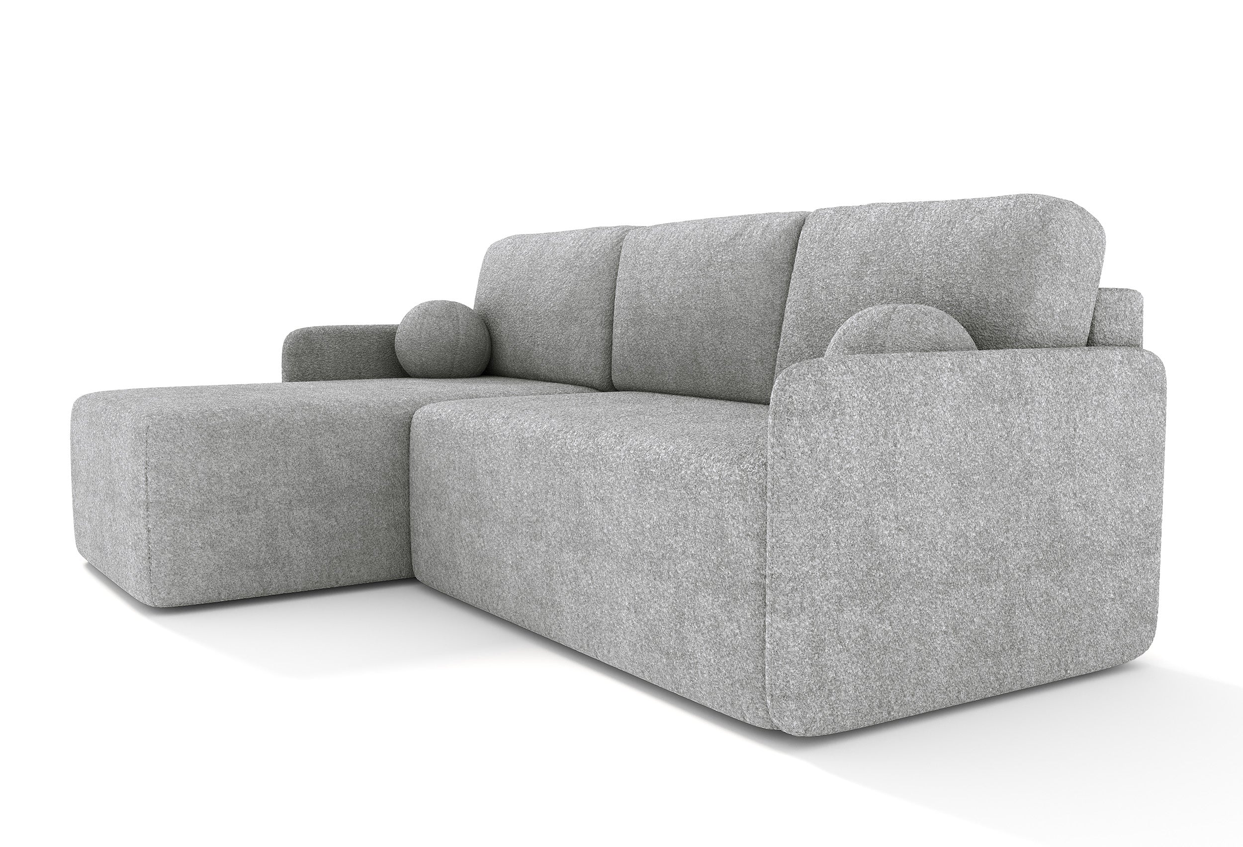 Ecksofa mit Schlaffunktion Bloom, L-förmig, mit Stauraum, grauer Bouclé, universell einsetzbar