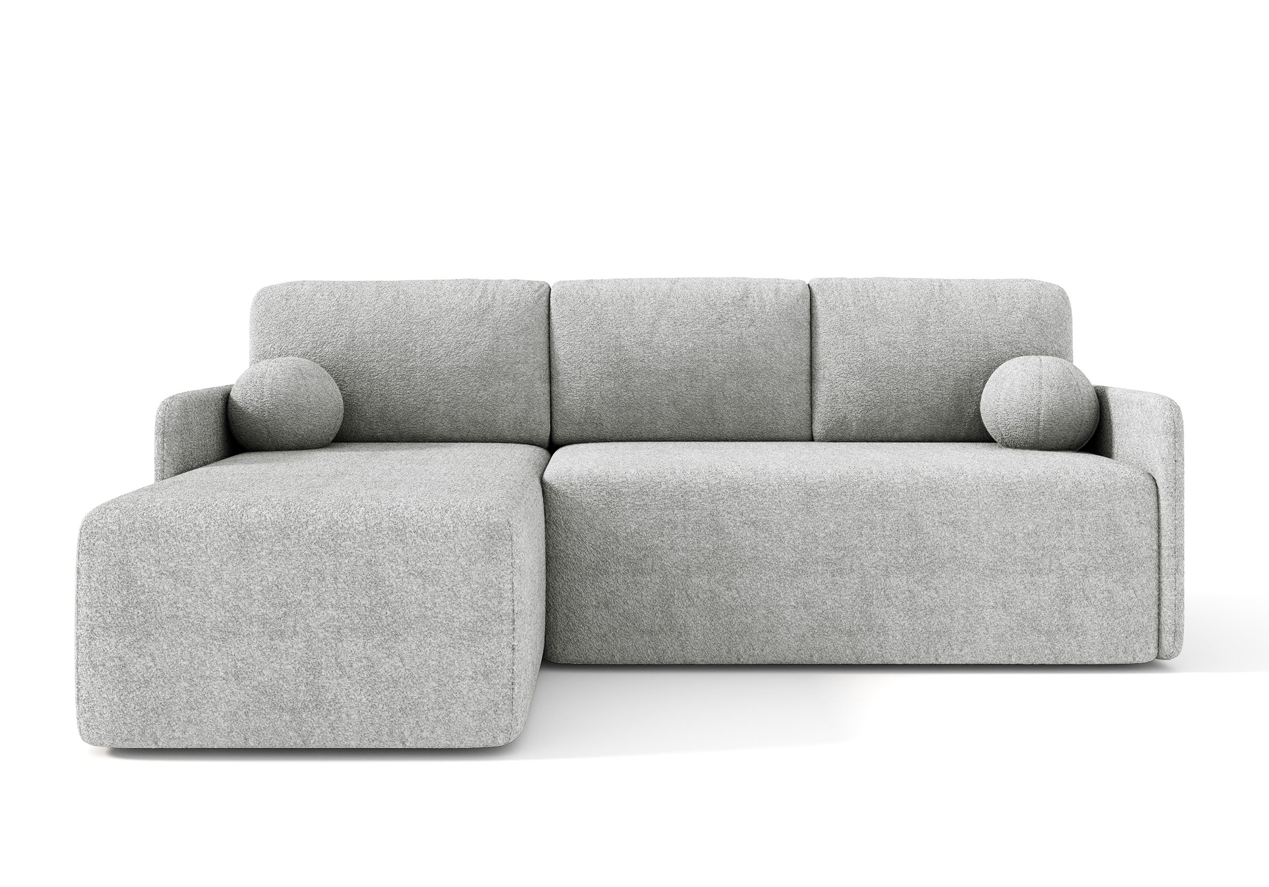 Ecksofa mit Schlaffunktion Bloom, L-förmig, mit Stauraum, grauer Bouclé, universell einsetzbar