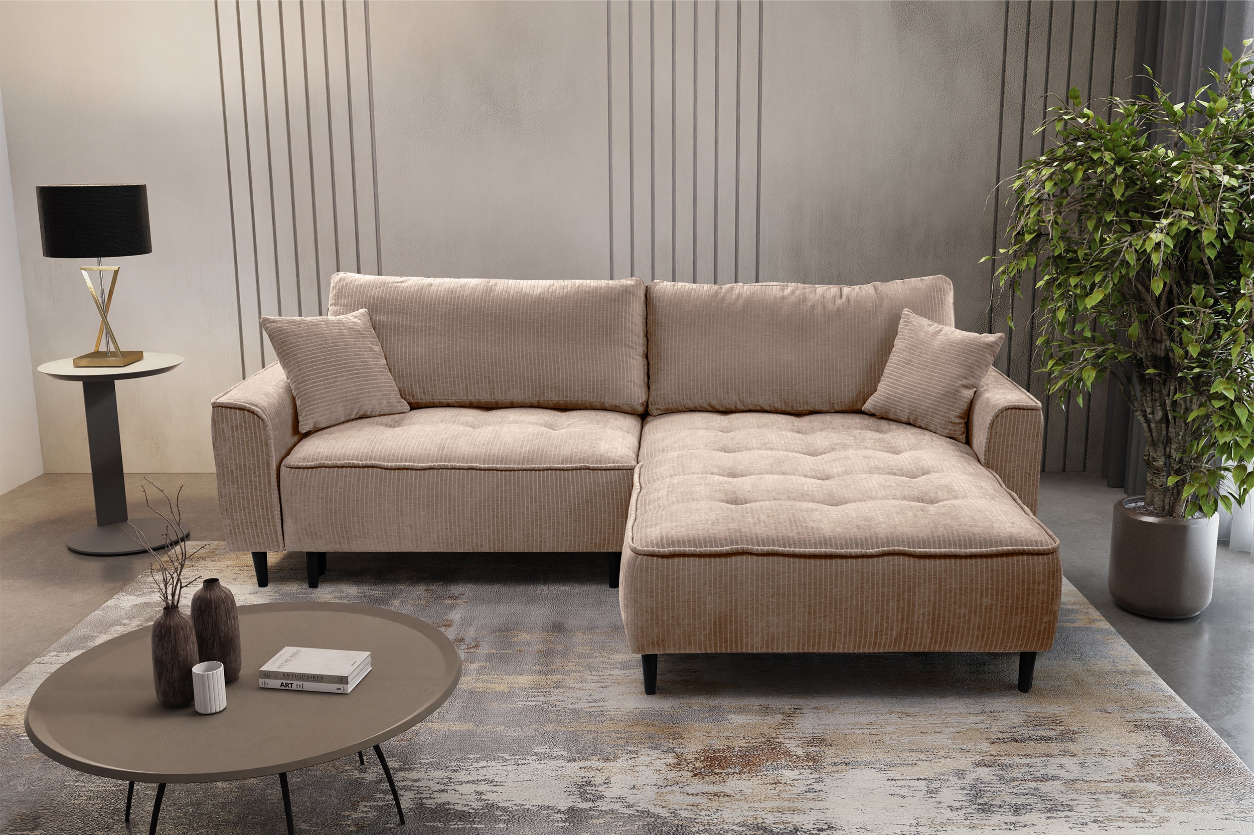 Ecksofa mit Schlaffunktion Blues, L-förmig, rechtsseitig, mit Stauraum, beige Cordstoff