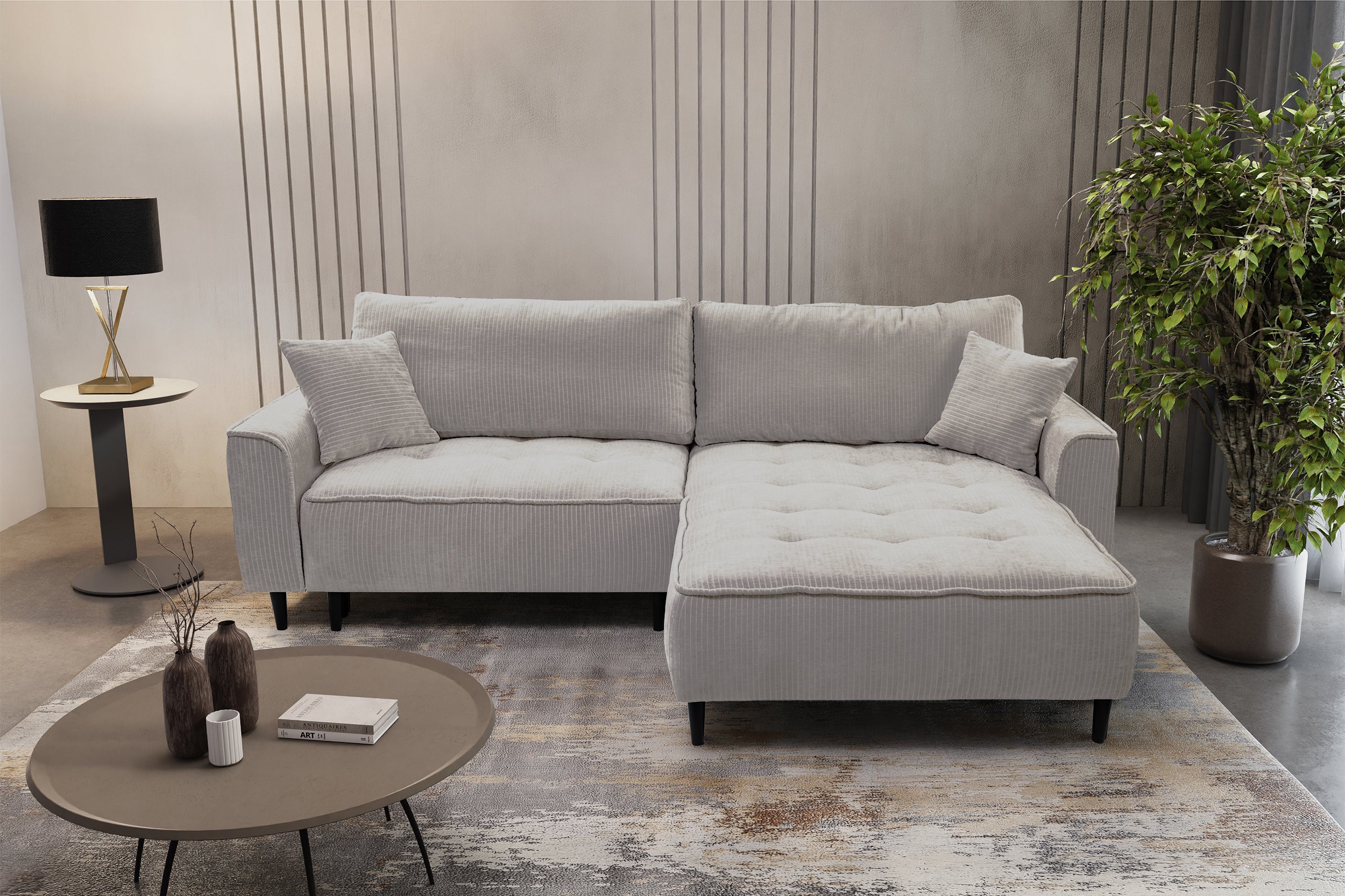 Ecksofa mit Schlafunktion Blues, L-förmig, rechtsseitig, mit Stauraum, hellbeige Cordstoff