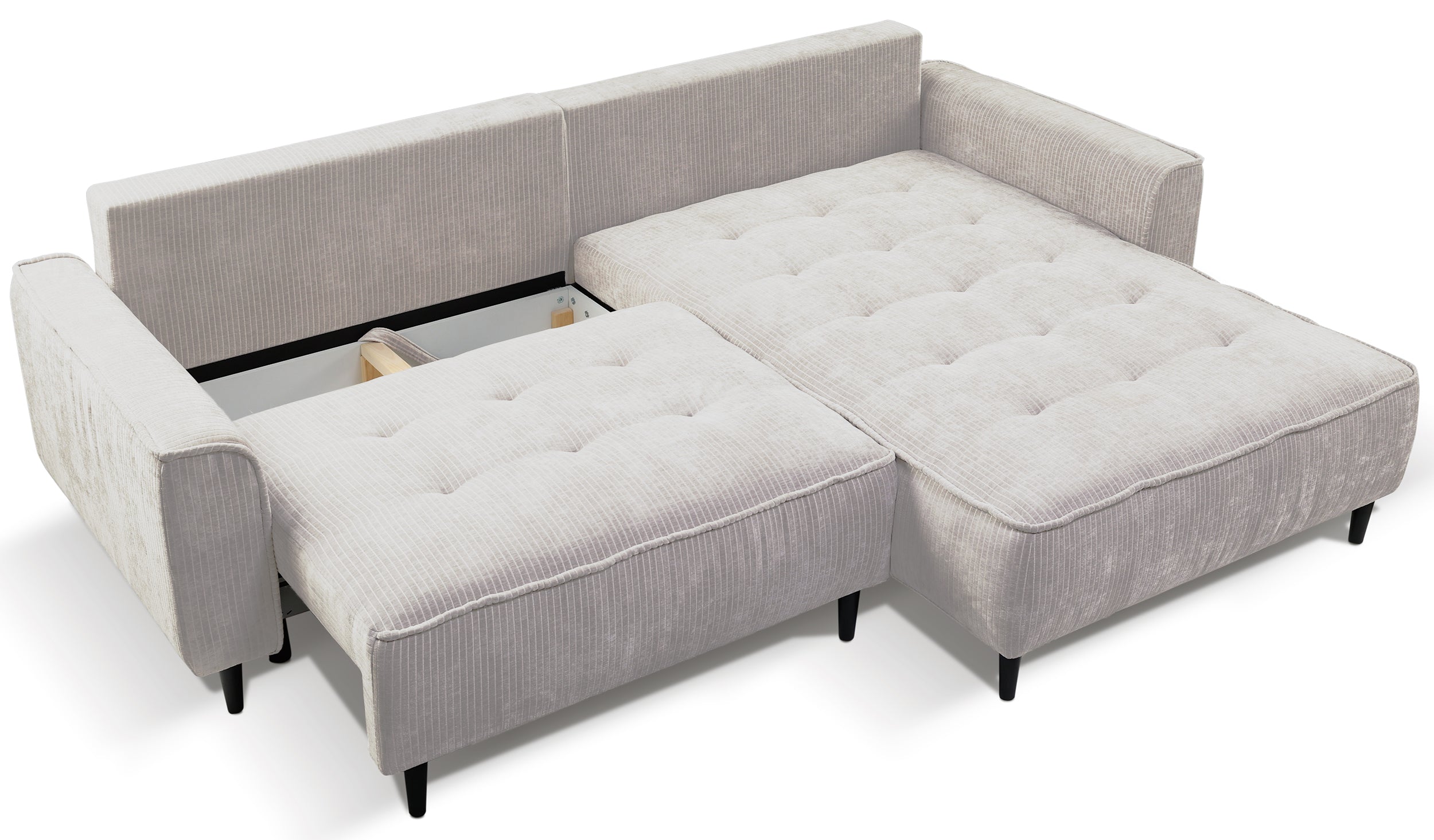 Ecksofa mit Schlafunktion Blues, L-förmig, rechtsseitig, mit Stauraum, hellbeige Cordstoff