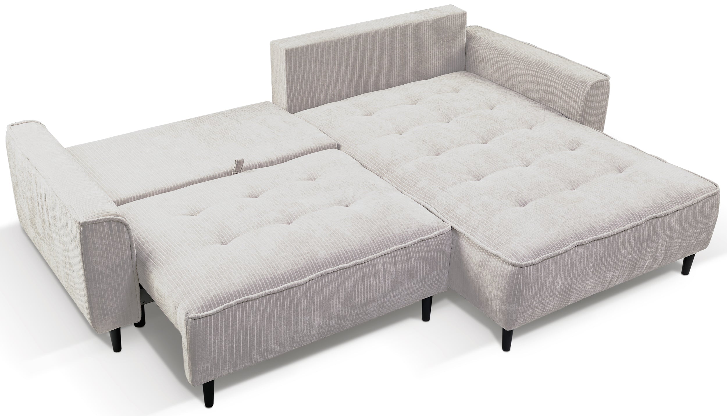 Ecksofa mit Schlafunktion Blues, L-förmig, rechtsseitig, mit Stauraum, hellbeige Cordstoff