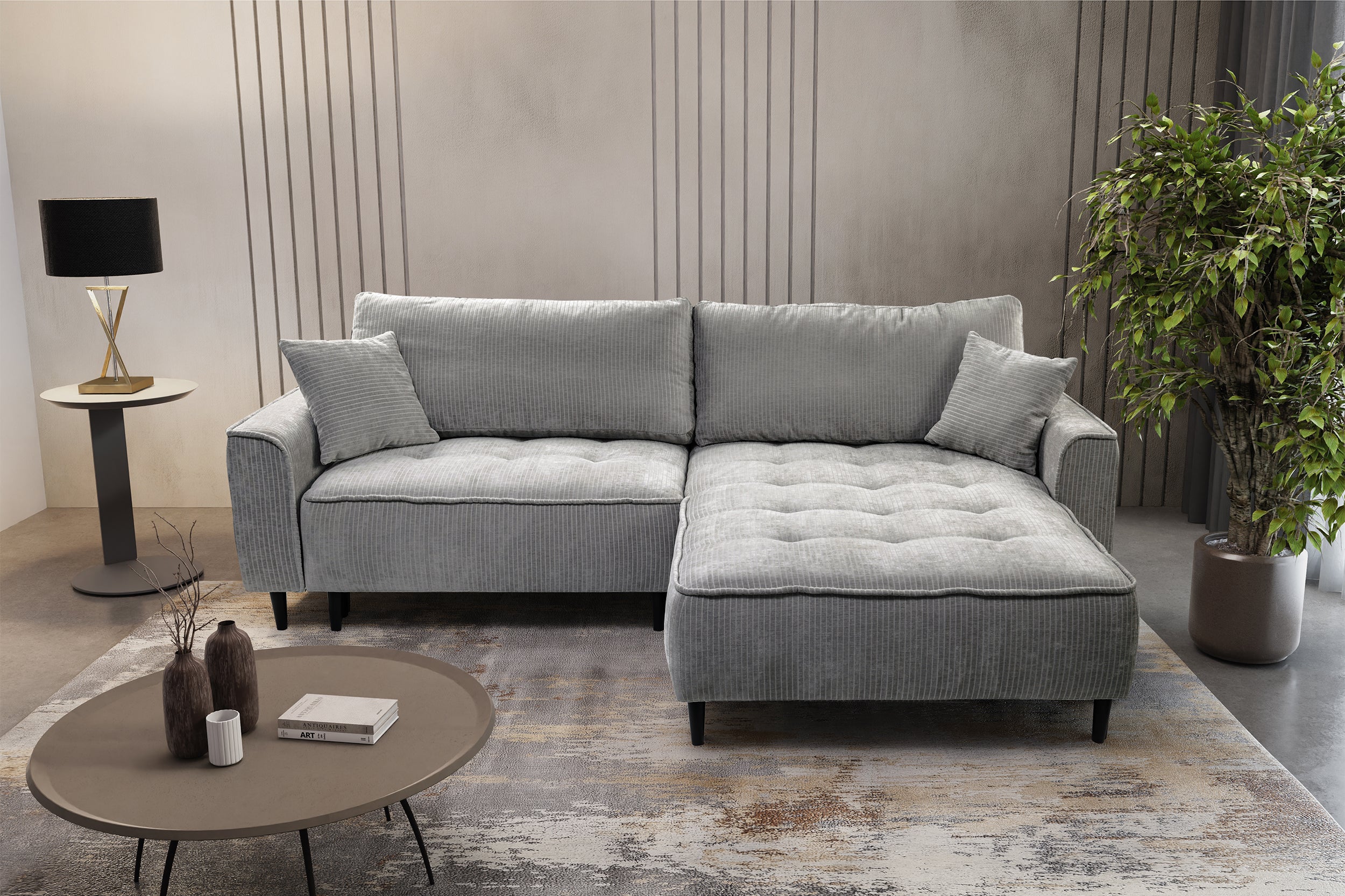 Ecksofa mit Schlaffunktion Blues, L-förmig, rechtsseitig, mit Stauraum, grauer Cordstoff