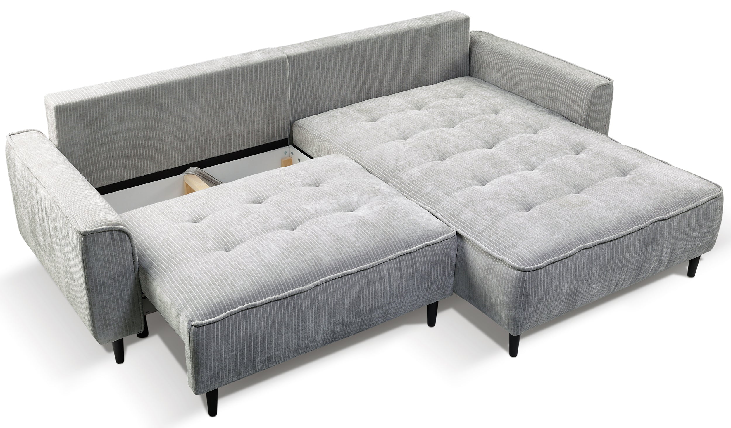 Ecksofa mit Schlaffunktion Blues, L-förmig, rechtsseitig, mit Stauraum, grauer Cordstoff