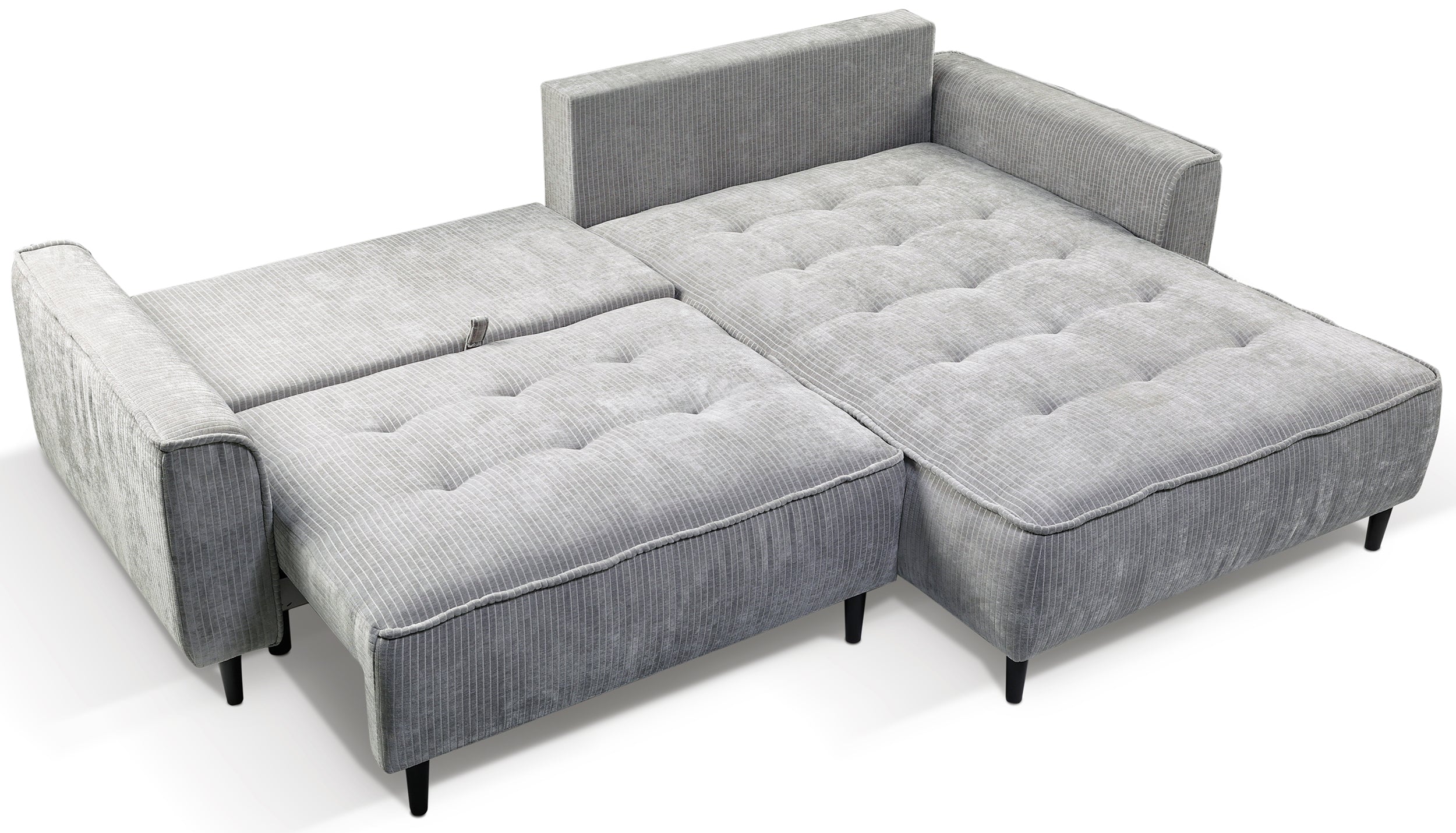 Ecksofa mit Schlaffunktion Blues, L-förmig, rechtsseitig, mit Stauraum, grauer Cordstoff