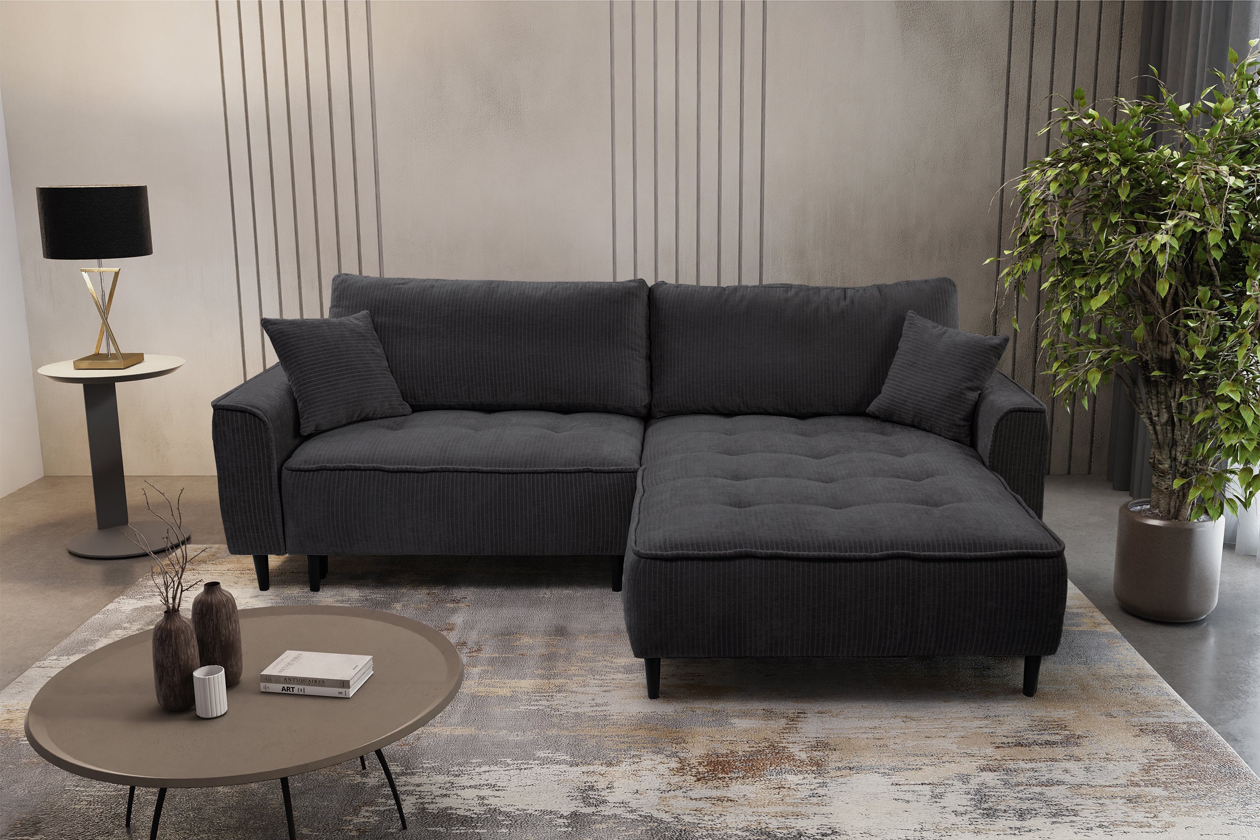 Ecksofa mit Schlaffunktion Blues, L-förmig, rechtsseitig, mit Stauraum, graphitfarbener Cordstoff