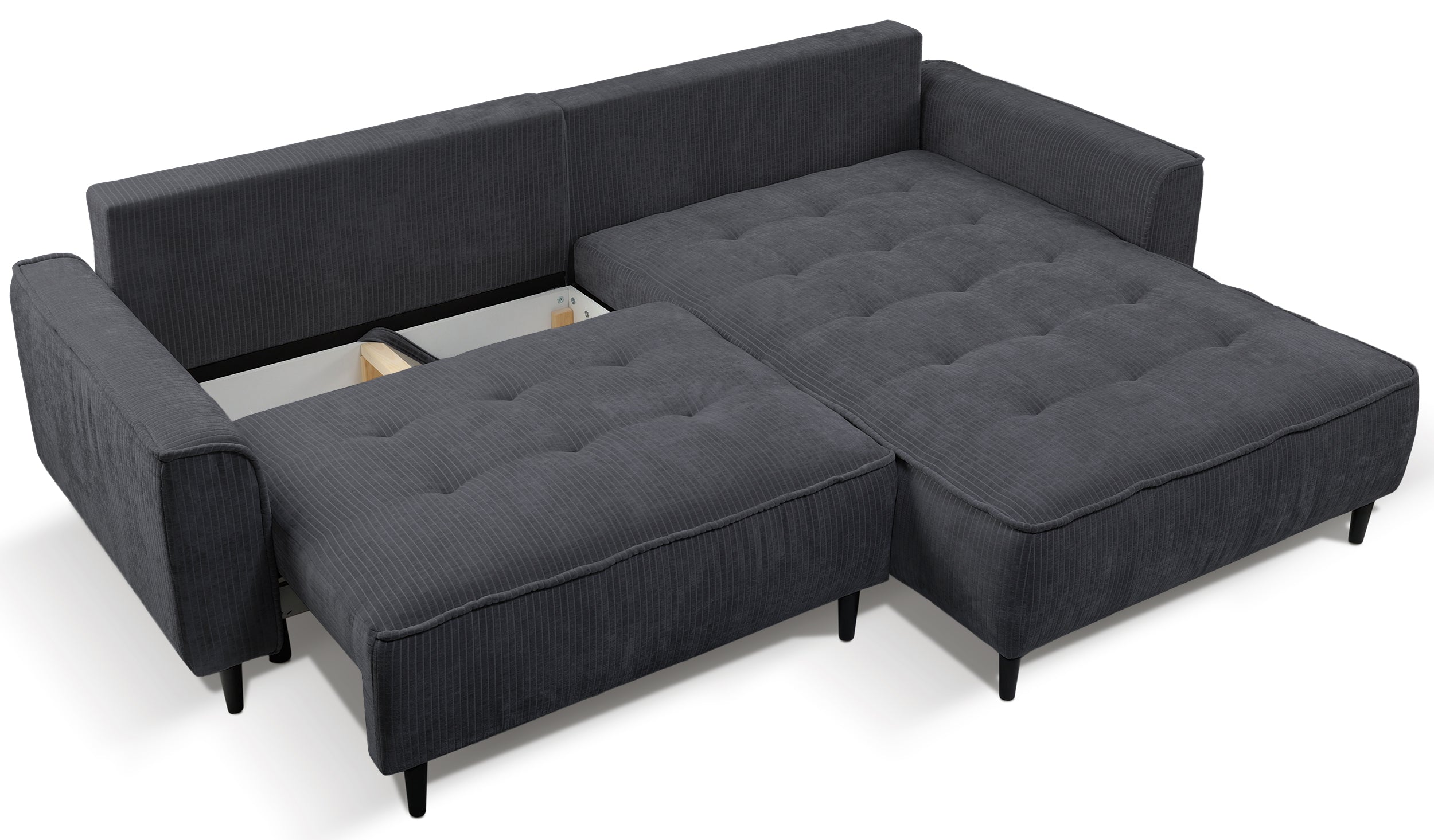 Ecksofa mit Schlaffunktion Blues, L-förmig, rechtsseitig, mit Stauraum, graphitfarbener Cordstoff