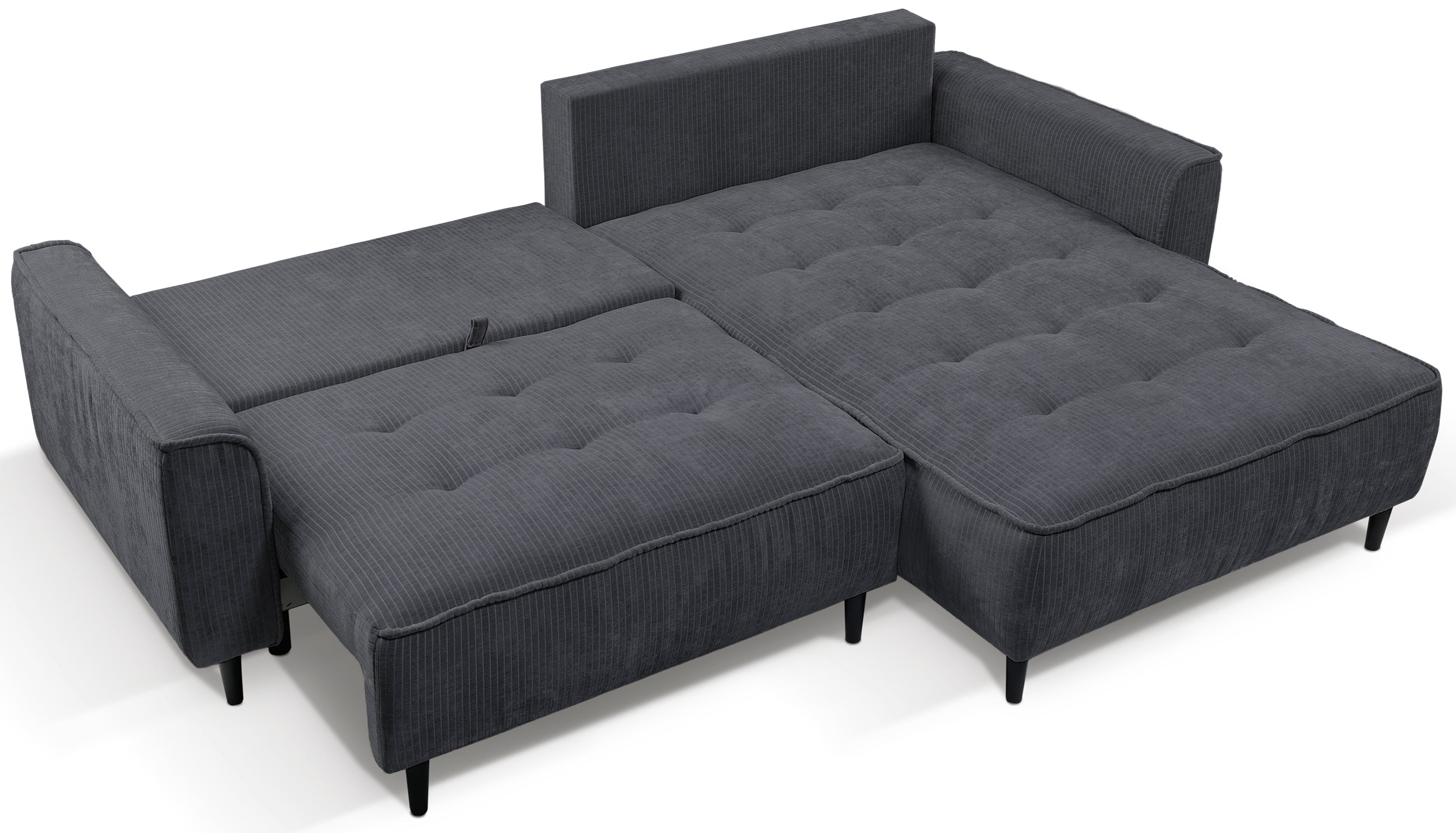 Ecksofa mit Schlaffunktion Blues, L-förmig, rechtsseitig, mit Stauraum, graphitfarbener Cordstoff