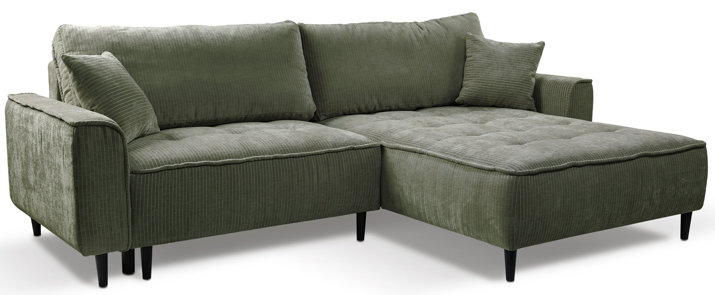 Ecksofa mit Schlafunktion Blues, L-förmig, rechtsseitig, mit Stauraum, Salbeigrüner Cordstoff