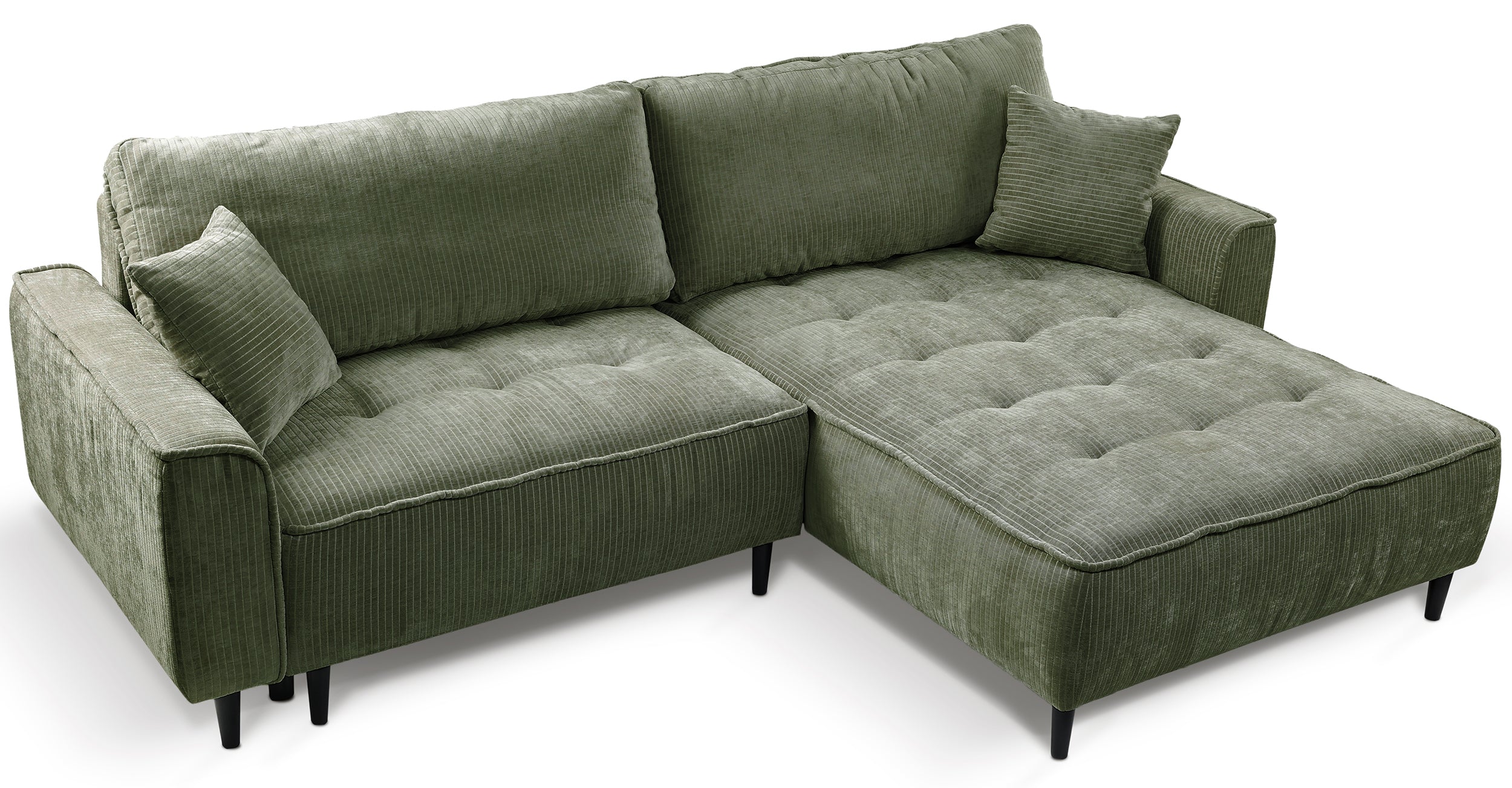 Ecksofa mit Schlafunktion Blues, L-förmig, rechtsseitig, mit Stauraum, Salbeigrüner Cordstoff