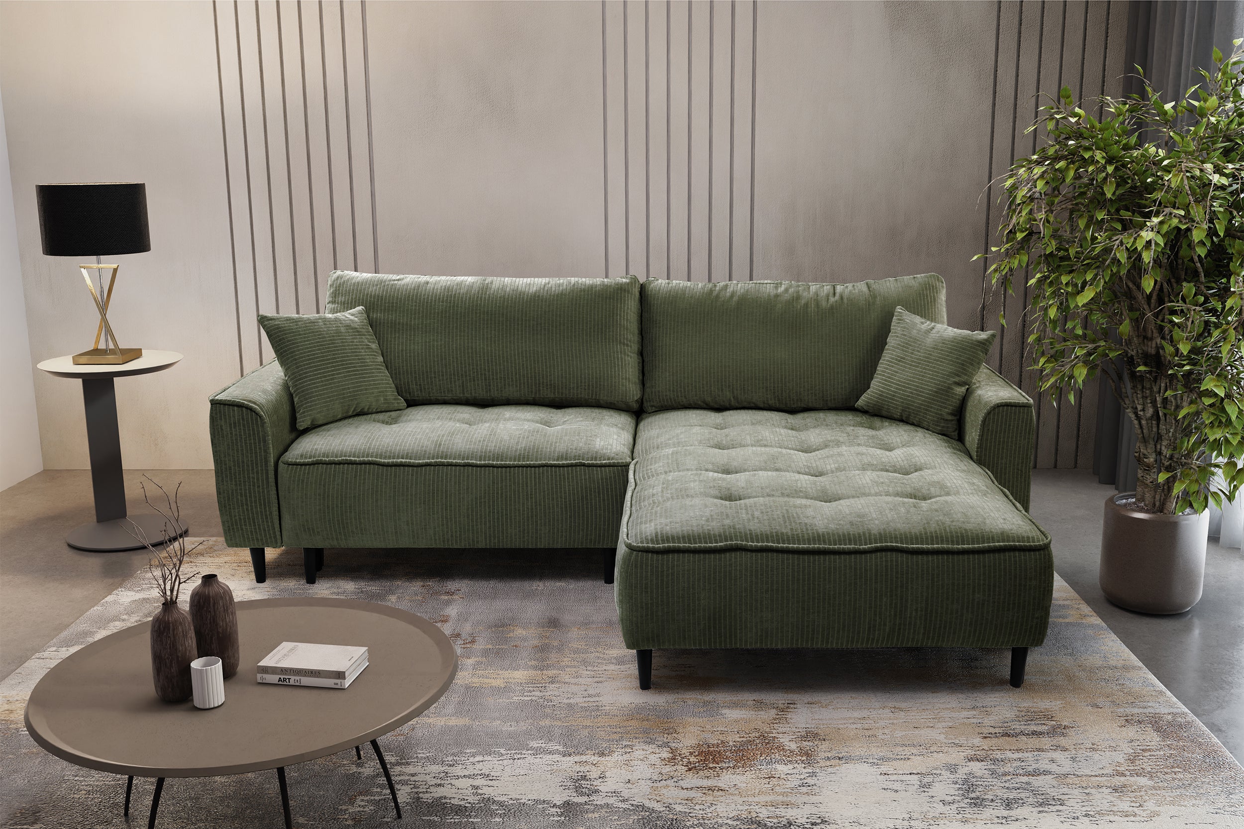 Ecksofa mit Schlafunktion Blues, L-förmig, rechtsseitig, mit Stauraum, Salbeigrüner Cordstoff