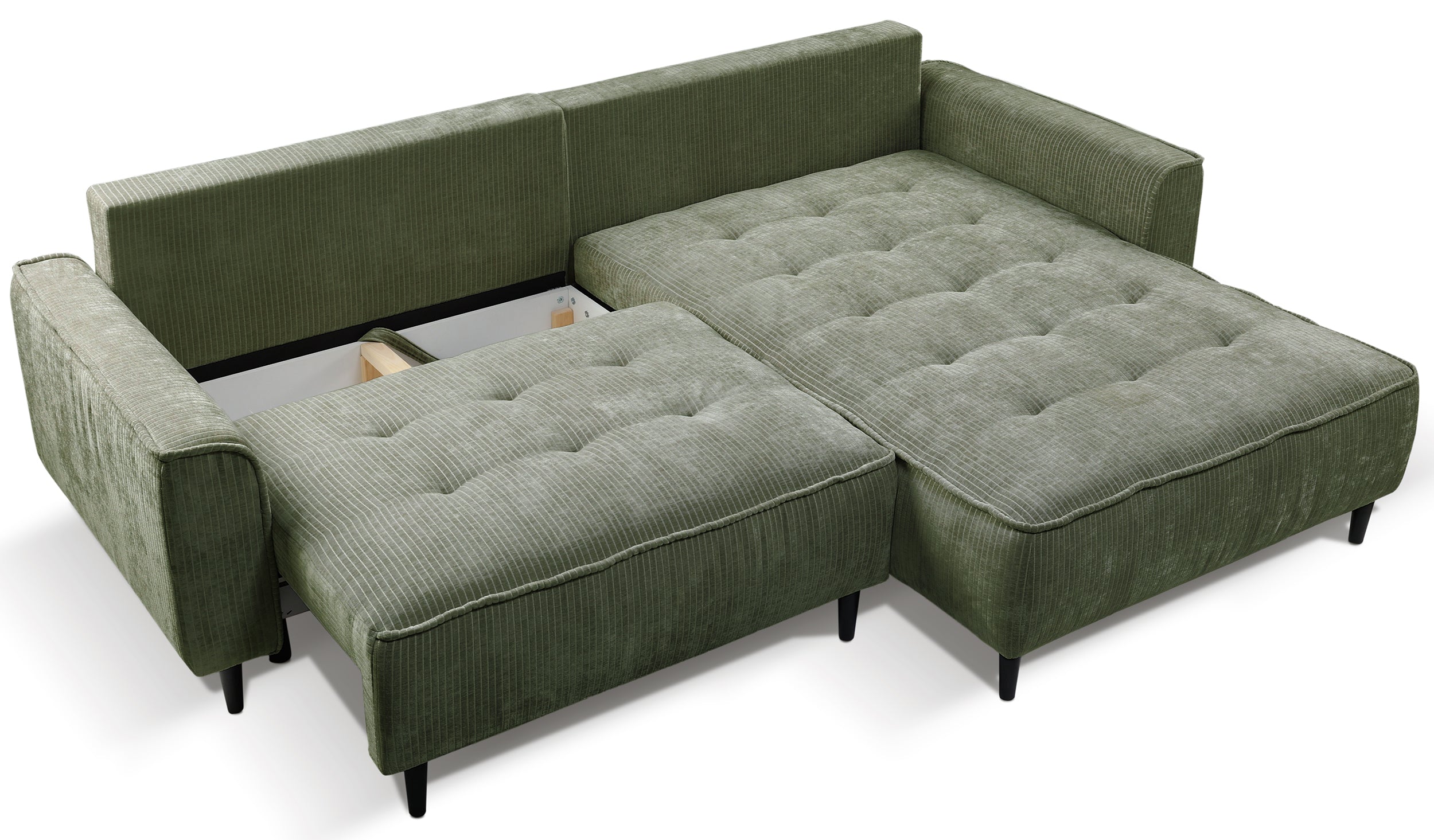Ecksofa mit Schlafunktion Blues, L-förmig, rechtsseitig, mit Stauraum, Salbeigrüner Cordstoff