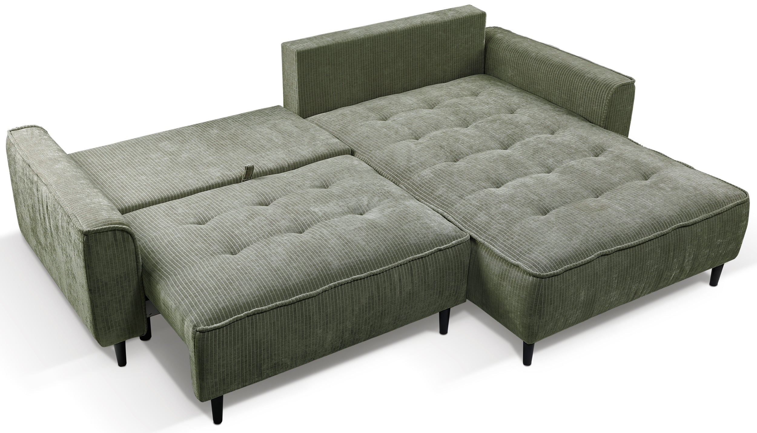 Ecksofa mit Schlafunktion Blues, L-förmig, rechtsseitig, mit Stauraum, Salbeigrüner Cordstoff