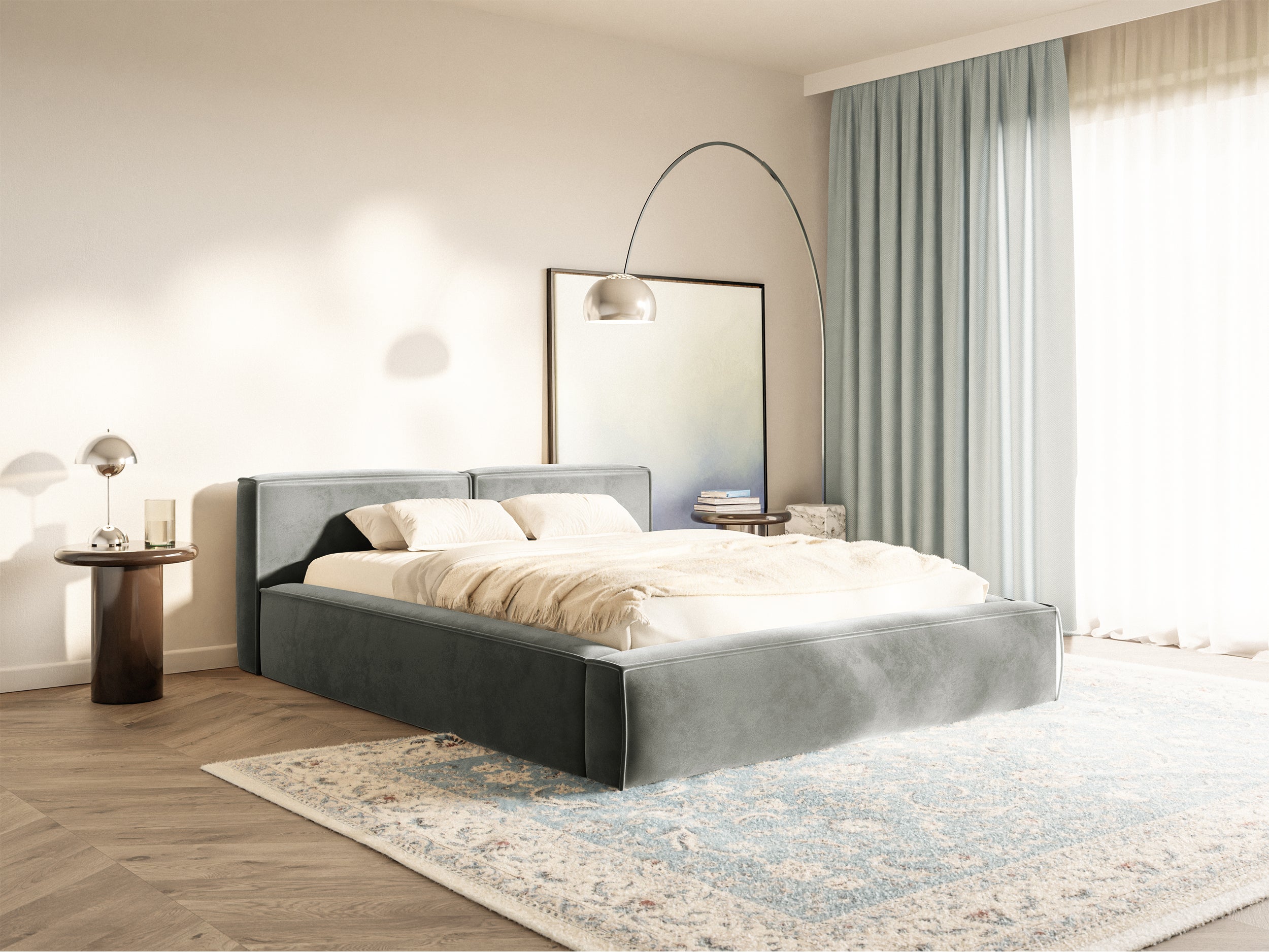 Polsterbett 180x200 cm Tilves Slim Low mit Stauraum, Metallrahmen, grauer Samt