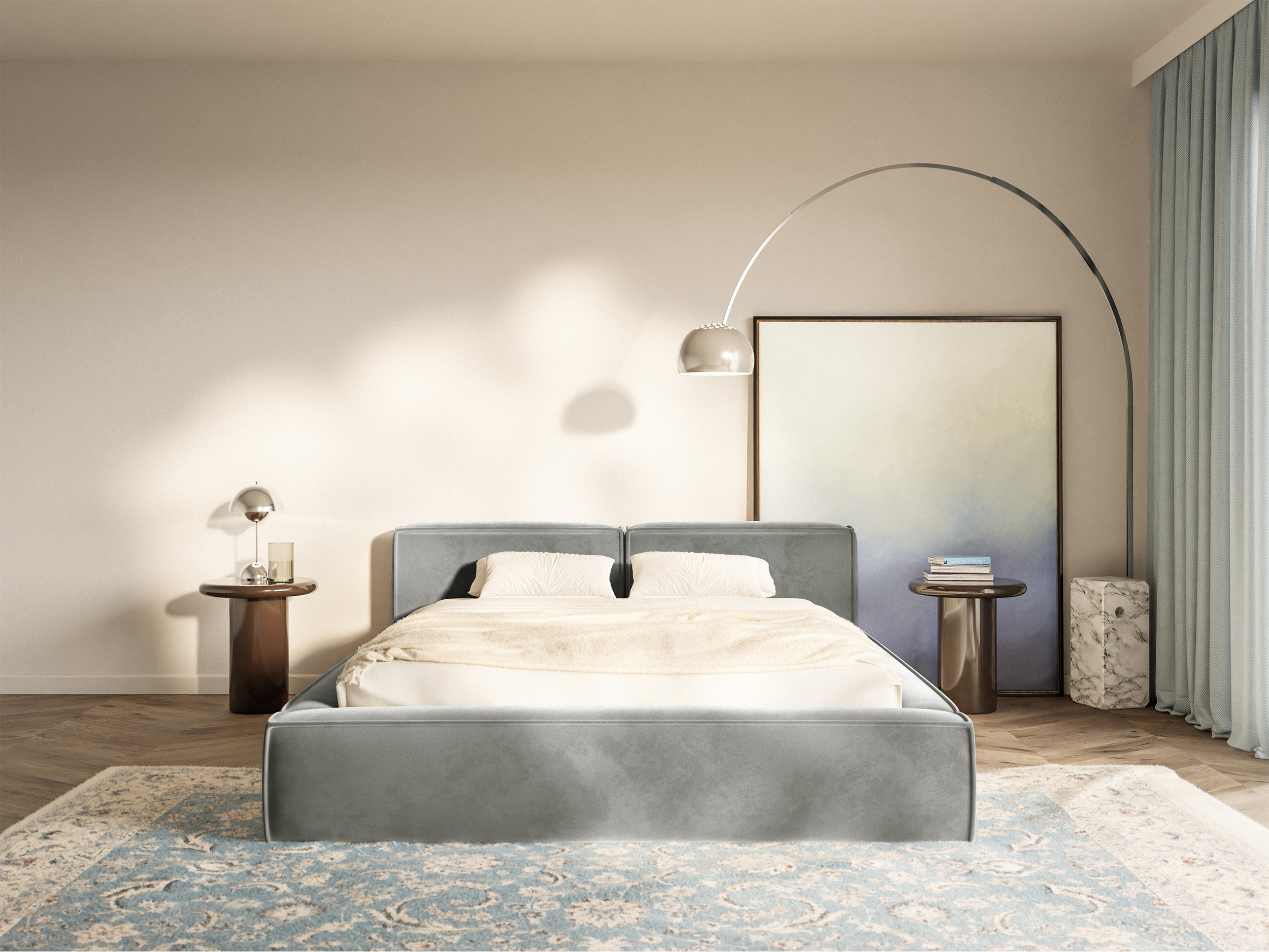 Polsterbett 200x200 cm Tilves Slim Low mit Stauraum, Metallrahmen, grauer Samt