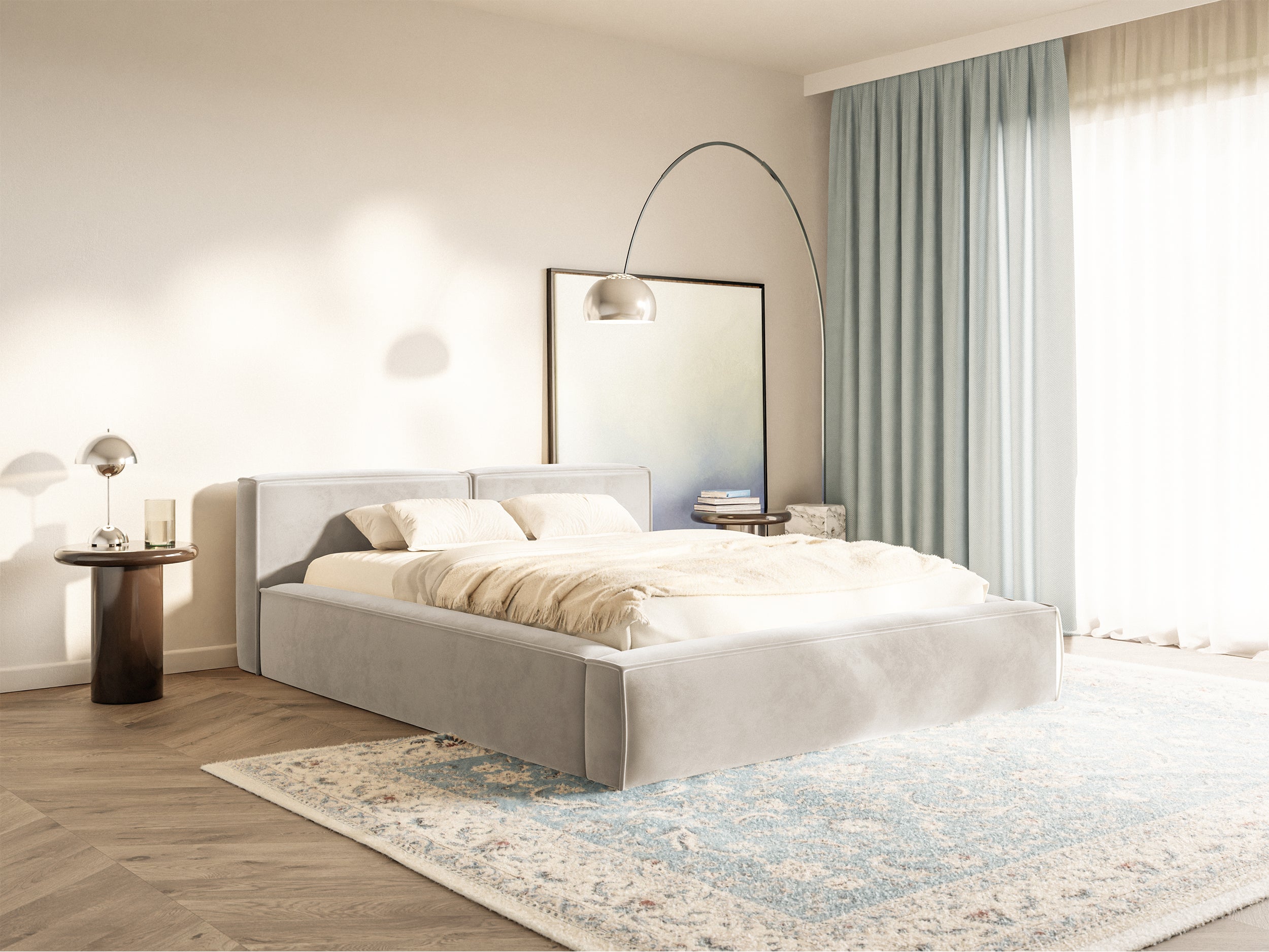 Polsterbett 180x200 cm Tilves Slim Low mit Stauraum, Metallrahmen, grau-beiger Samt