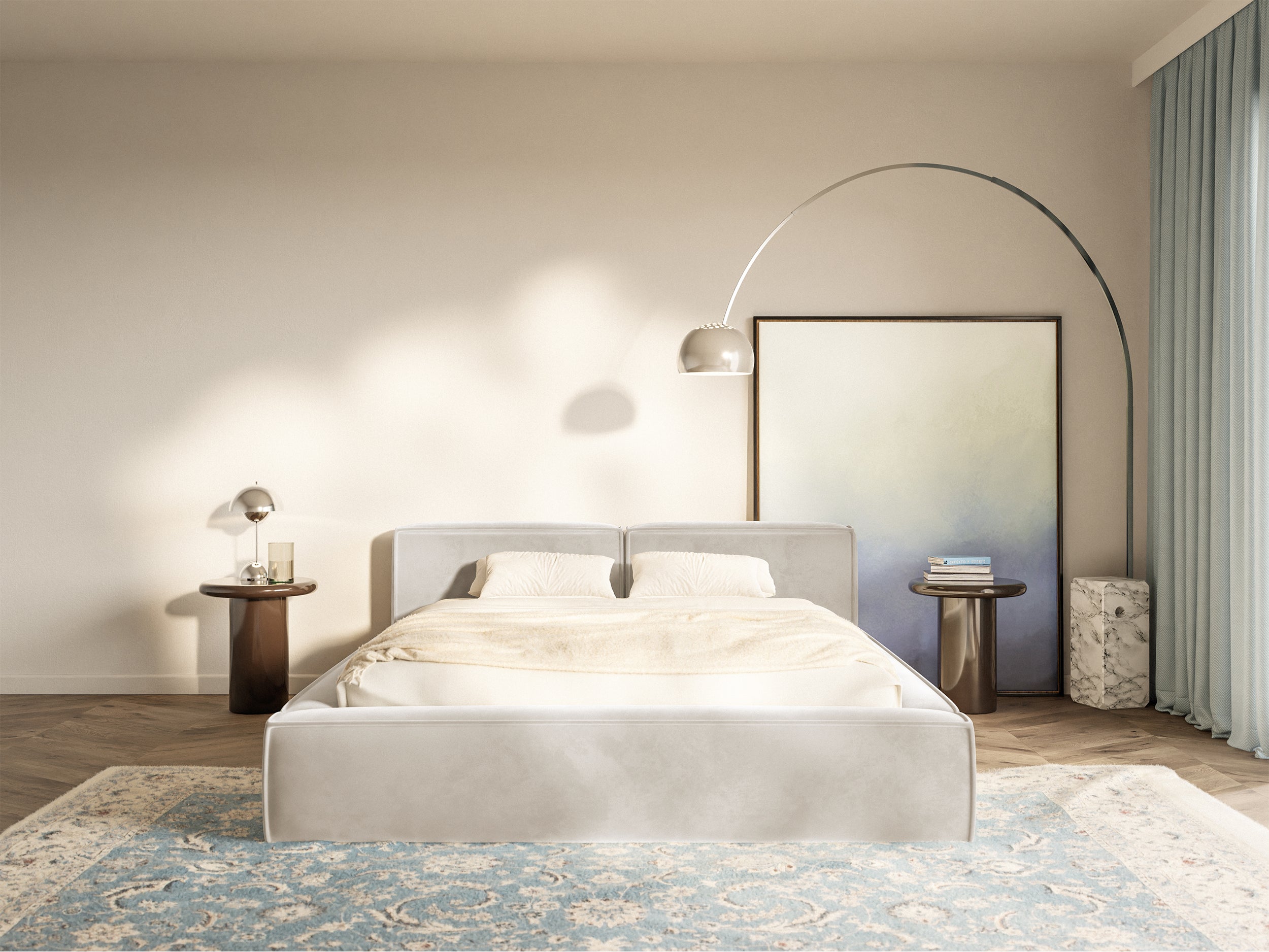 Polsterbett 180x200 cm Tilves Slim Low mit Stauraum, Metallrahmen, grau-beiger Samt