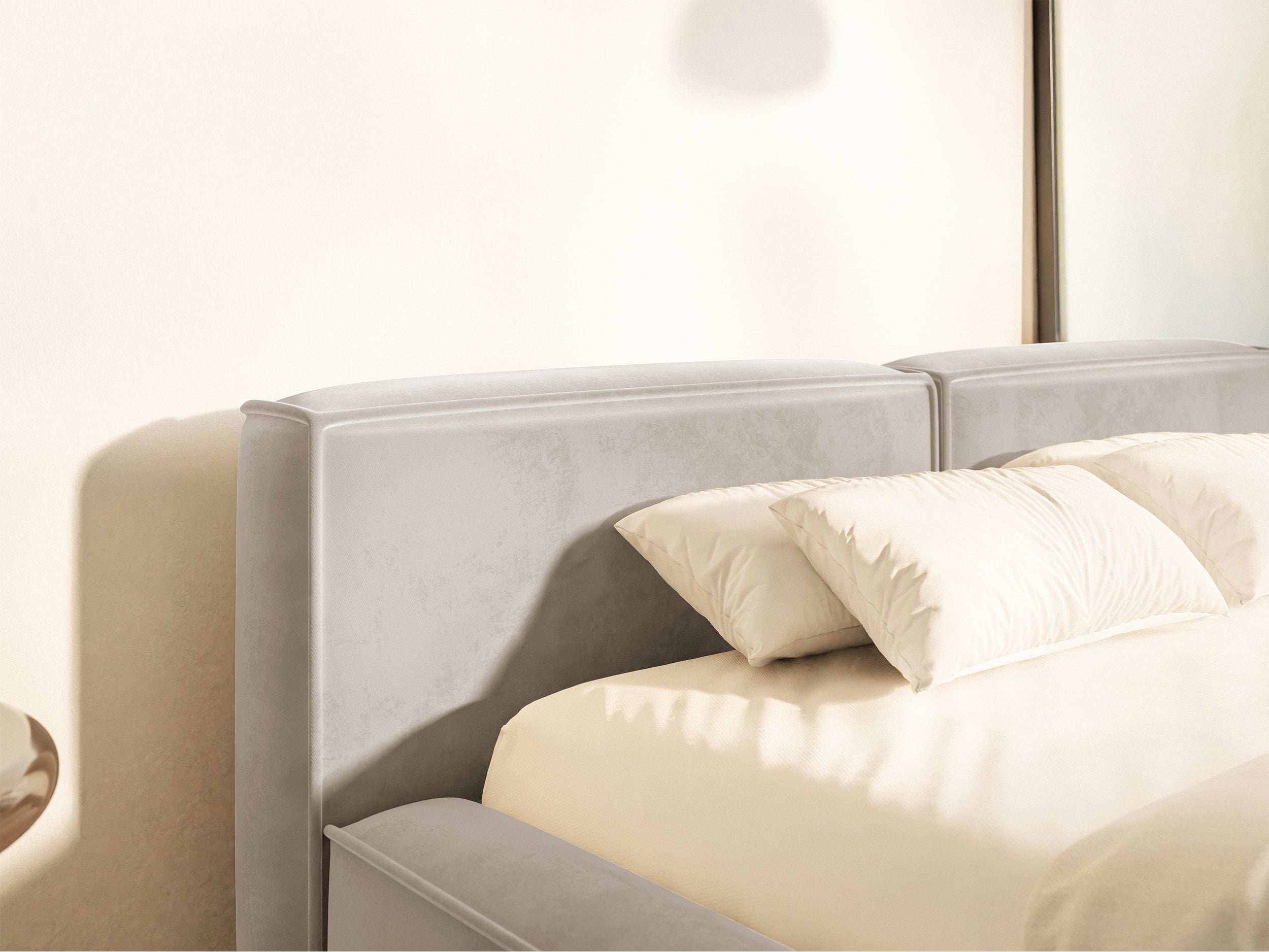 Polsterbett 180x200 cm Tilves Slim Low mit Stauraum, Metallrahmen, grau-beiger Samt