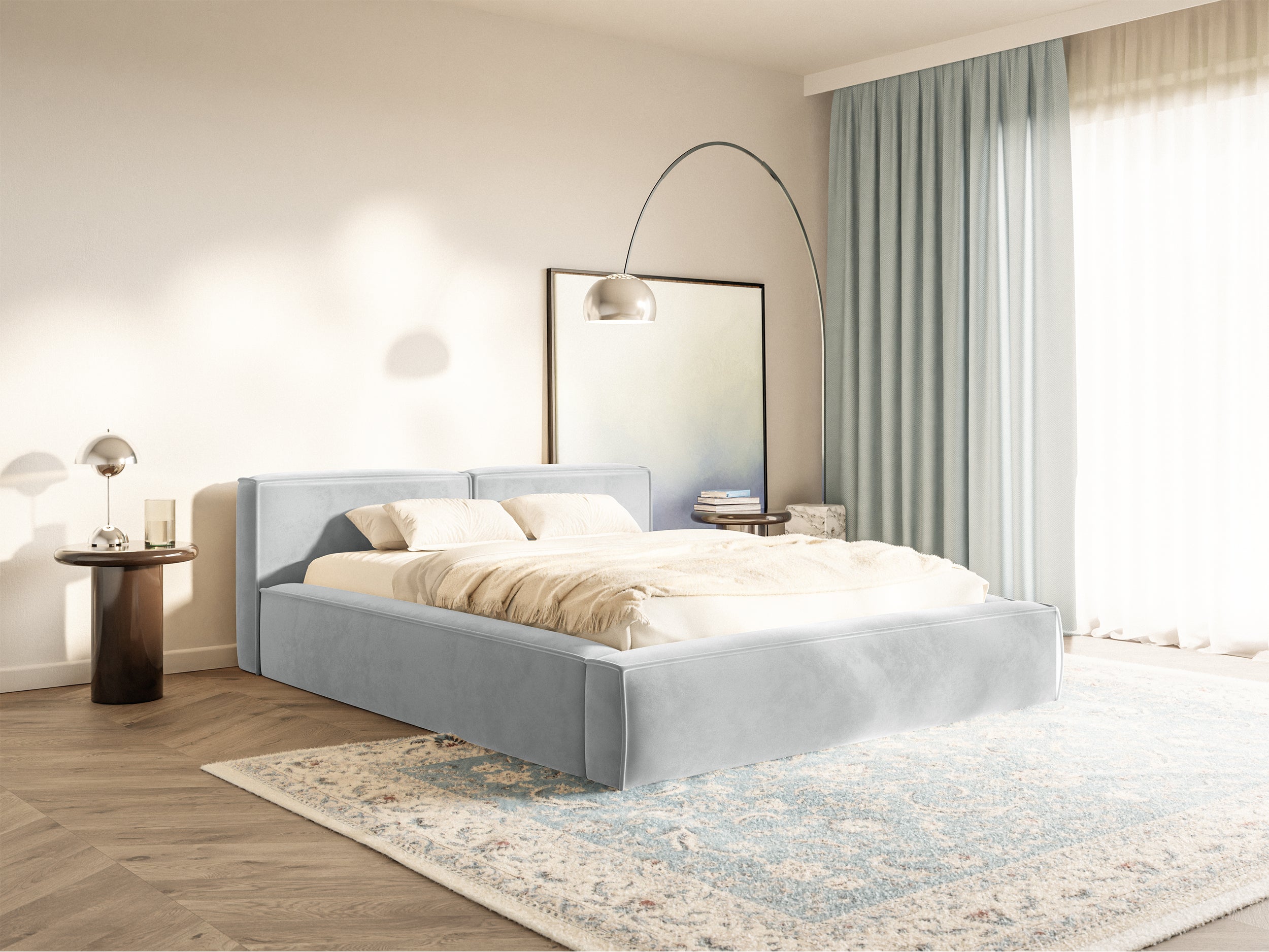 Polsterbett 180x200 cm Tilves Slim Low mit Stauraum, Metallrahmen, hellgrauer Samt