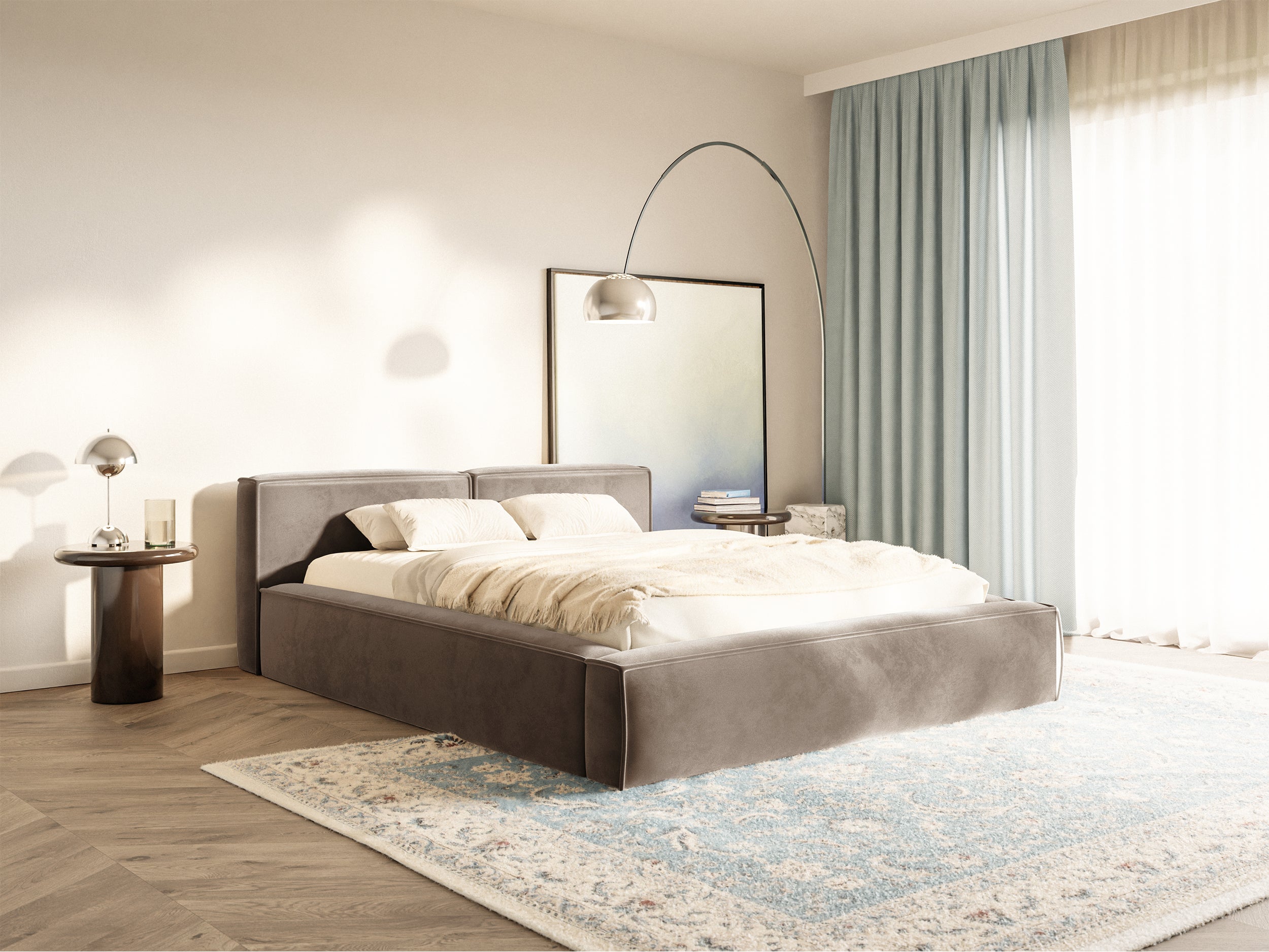 Polsterbett 140x200 cm Tilves Slim Low mit Stauraum, Metallrahmen, hellbrauner Samt
