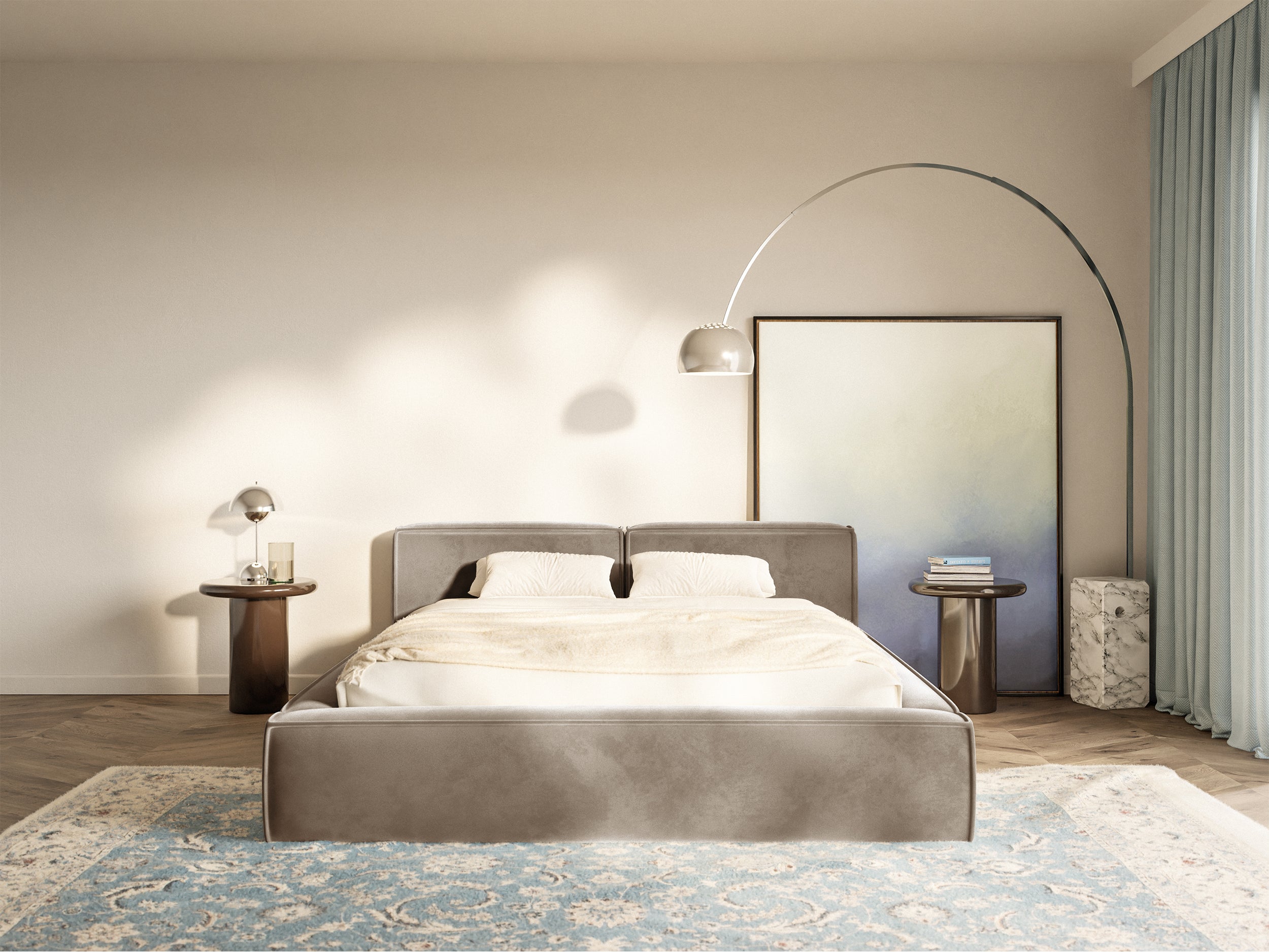 Polsterbett 140x200 cm Tilves Slim Low mit Stauraum, Metallrahmen, hellbrauner Samt