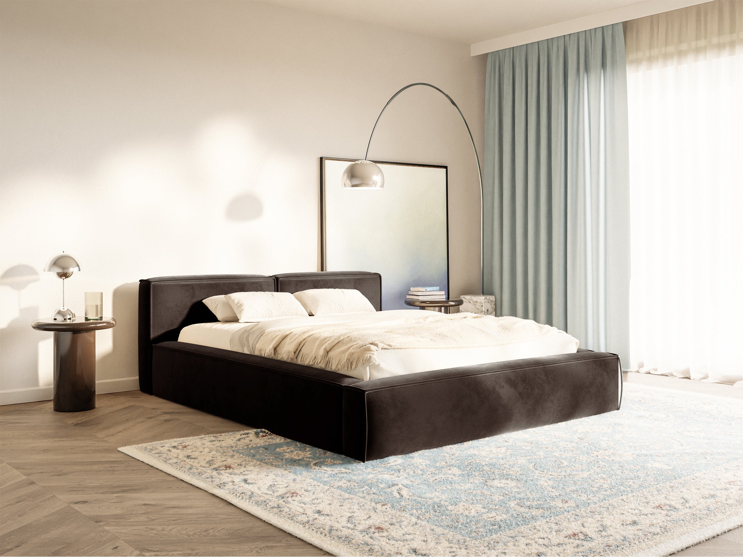 Polsterbett 140x200 cm Tilves Slim Low mit Stauraum, Metallrahmen, brauner Samt