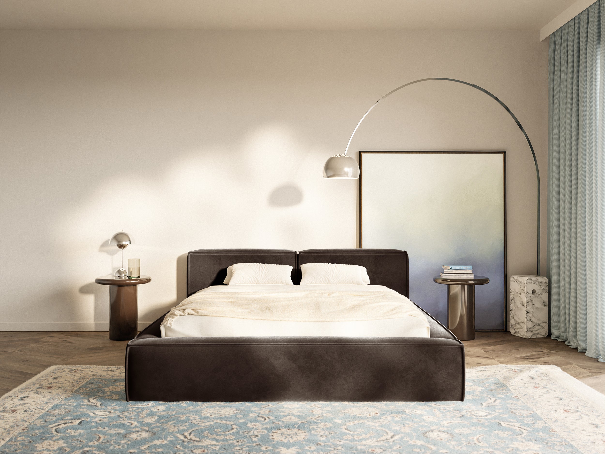 Polsterbett 140x200 cm Tilves Slim Low mit Stauraum, Metallrahmen, brauner Samt