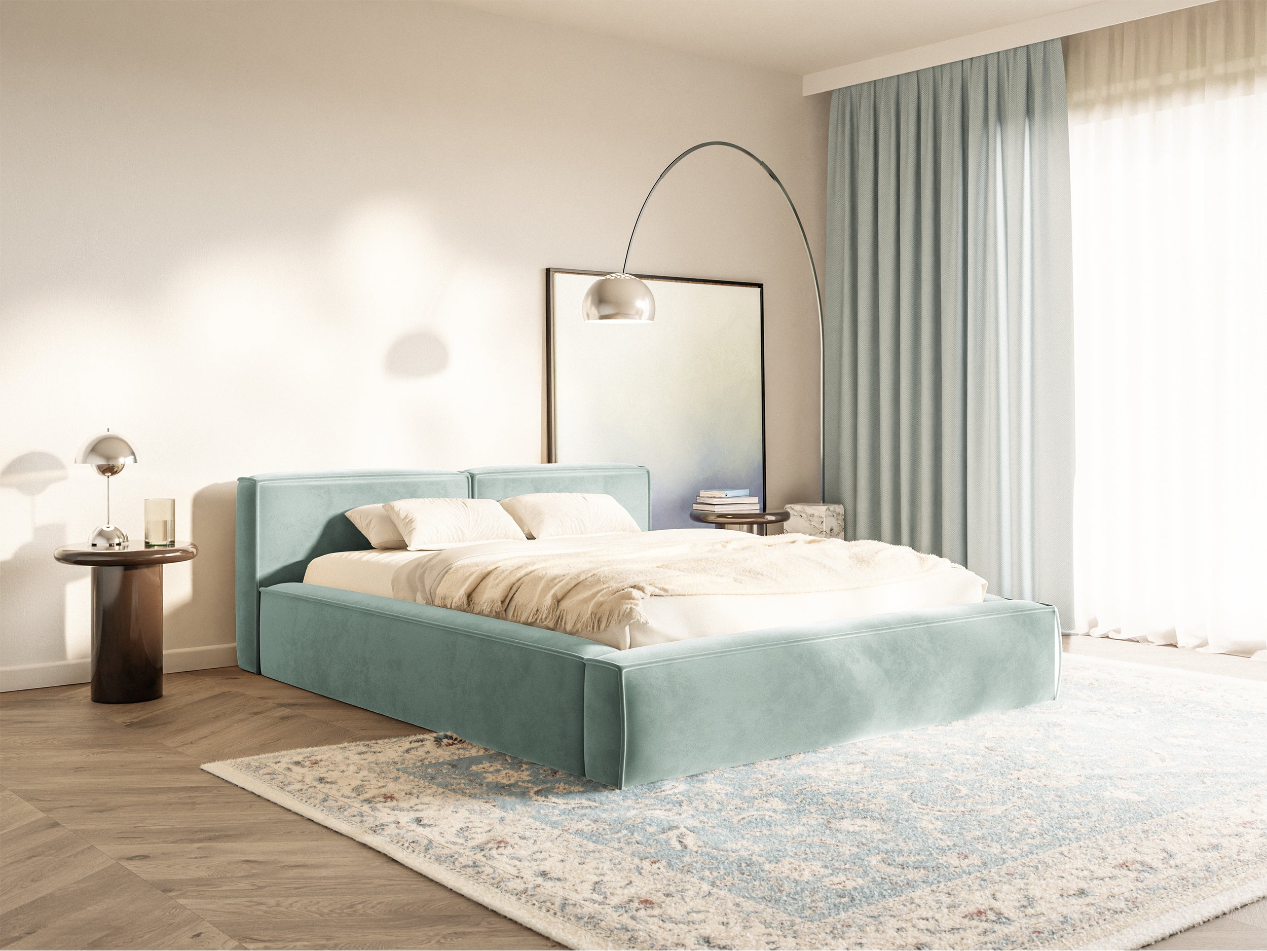Polsterbett 200x200 cm Tilves Slim Low mit Stauraum, Metallrahmen, salbeigrüner Samt