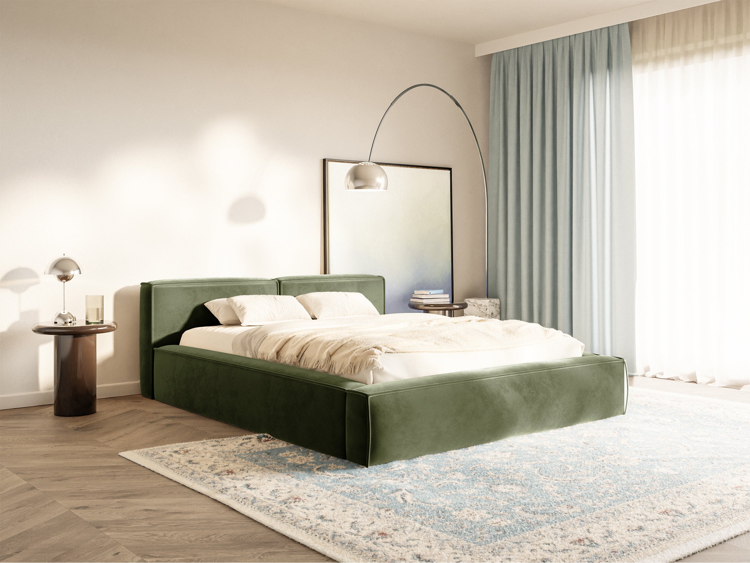 Polsterbett 180x200 cm Tilves Slim Low mit Stauraum, Metallrahmen, olivgrüner Samt