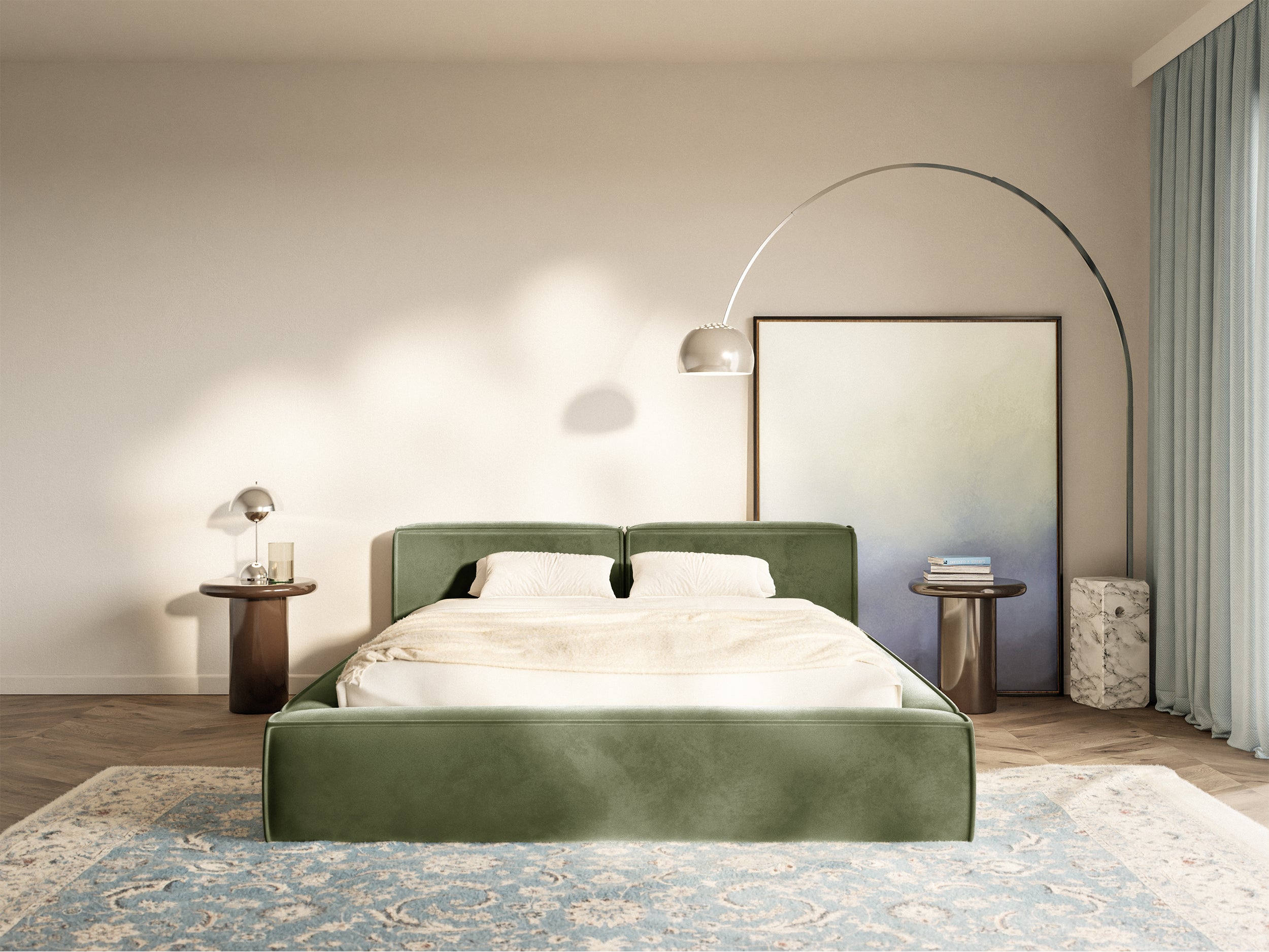 Gepolstertes Bett 160x200 cm Tilves Slim Low mit Stauraum, Metallrahmen, olivgrüner Samt