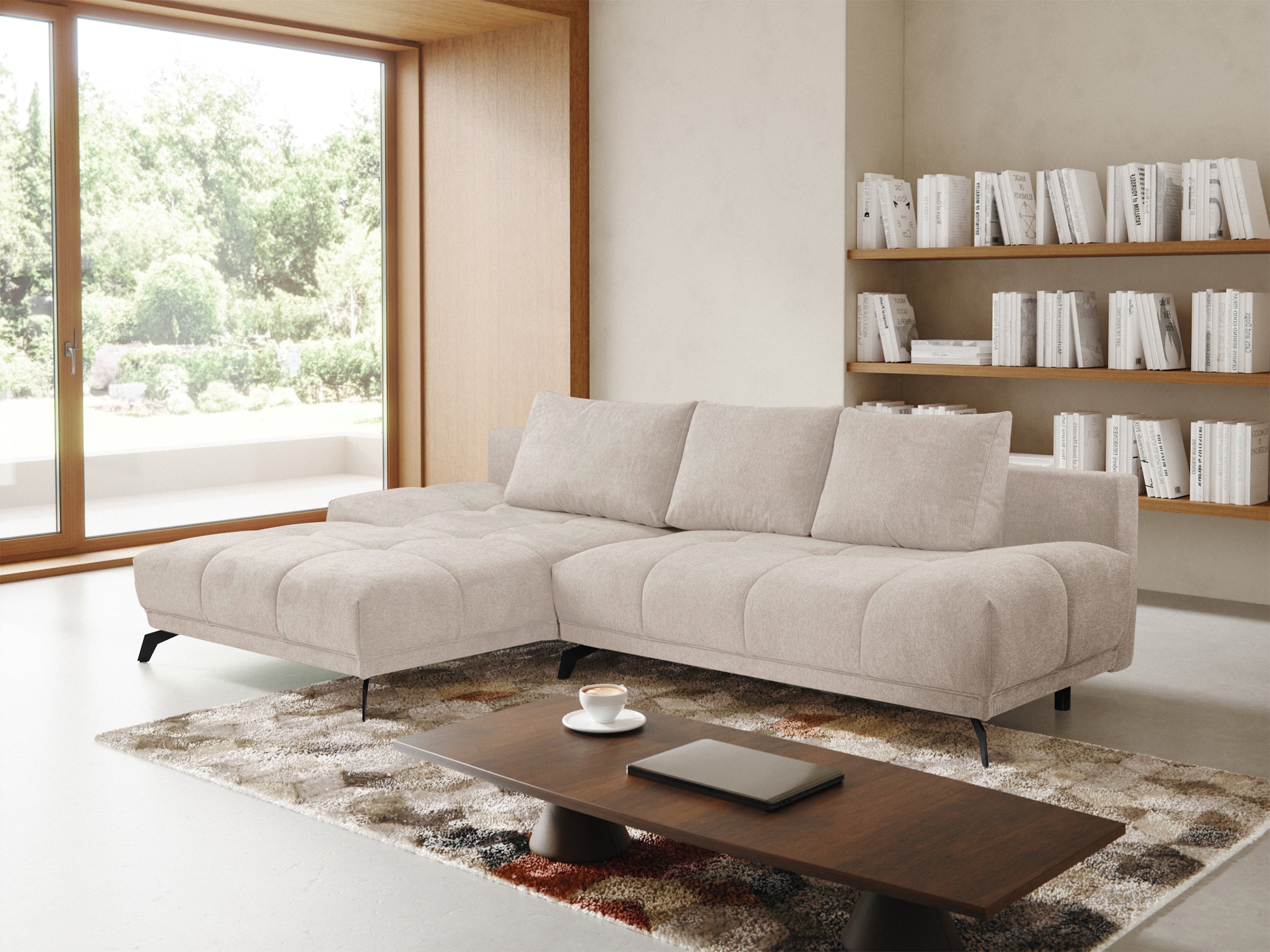 Ecksofa mit Schlaffunktion Felipe, L-förmig, linksseitig, mit Stauraum, hellbeiger hydrophober Chenille-Bezug