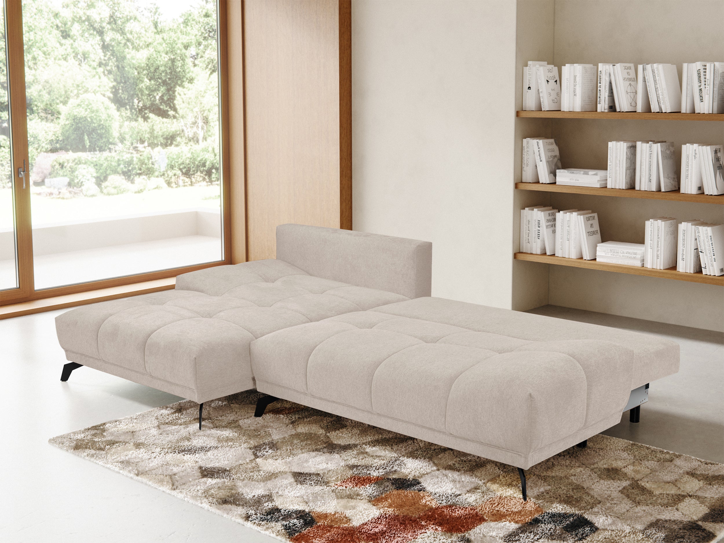 Ecksofa mit Schlaffunktion Felipe, L-förmig, linksseitig, mit Stauraum, hellbeiger hydrophober Chenille-Bezug