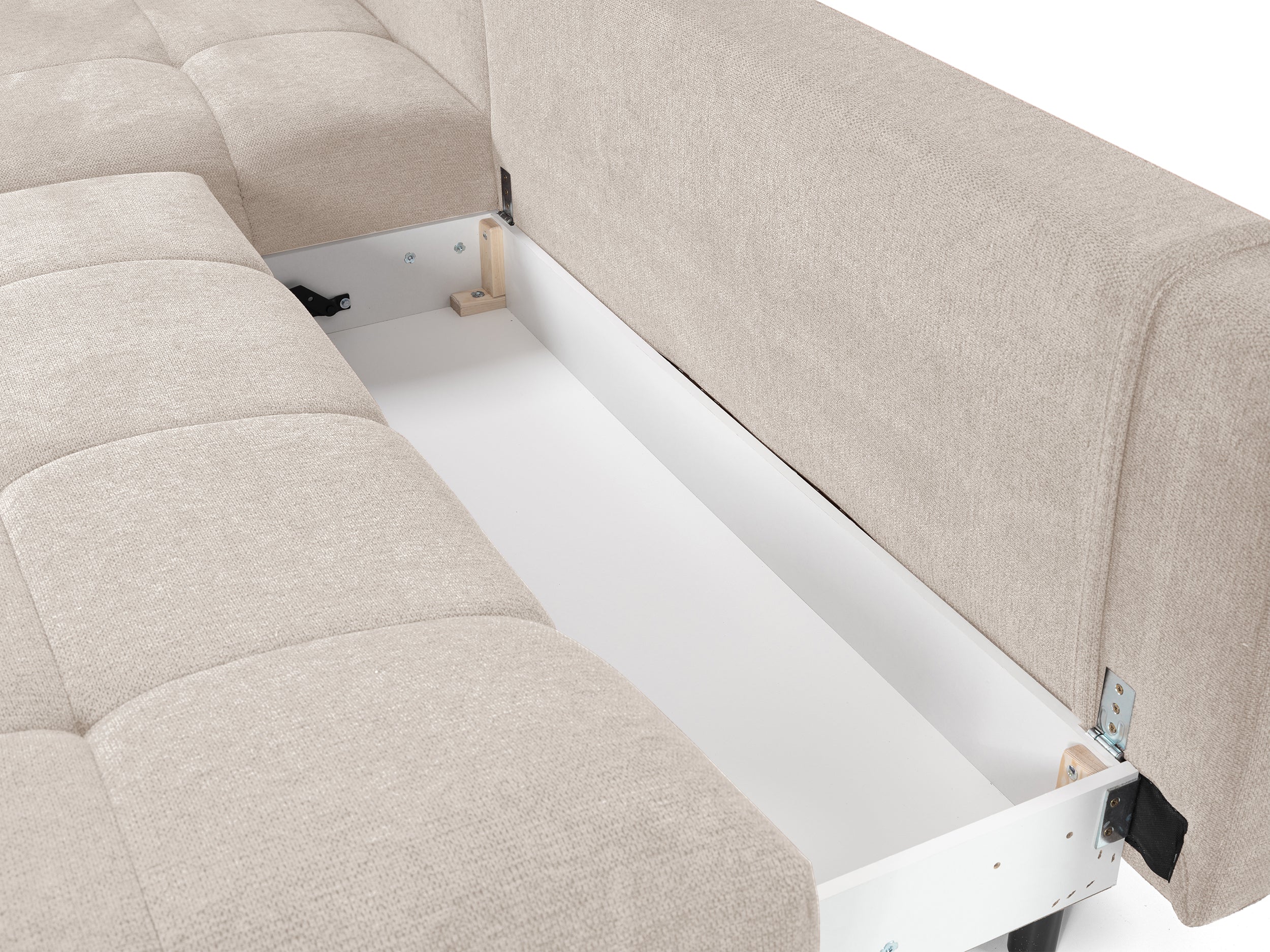 Ecksofa mit Schlaffunktion Felipe, L-förmig, linksseitig, mit Stauraum, hellbeiger hydrophober Chenille-Bezug