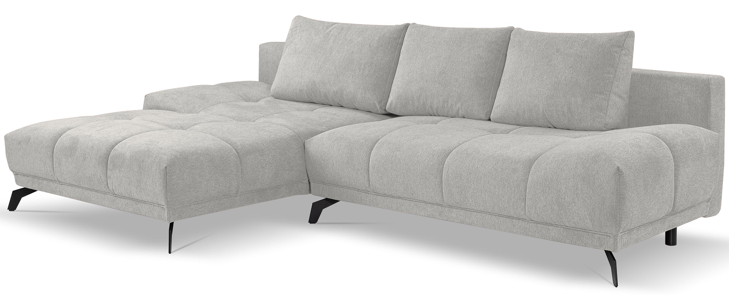 Ecksofa mit Schlaffunktion Felipe L-förmig linksseitig mit Stauraum hellgrauer hydrophober Chenillestoff
