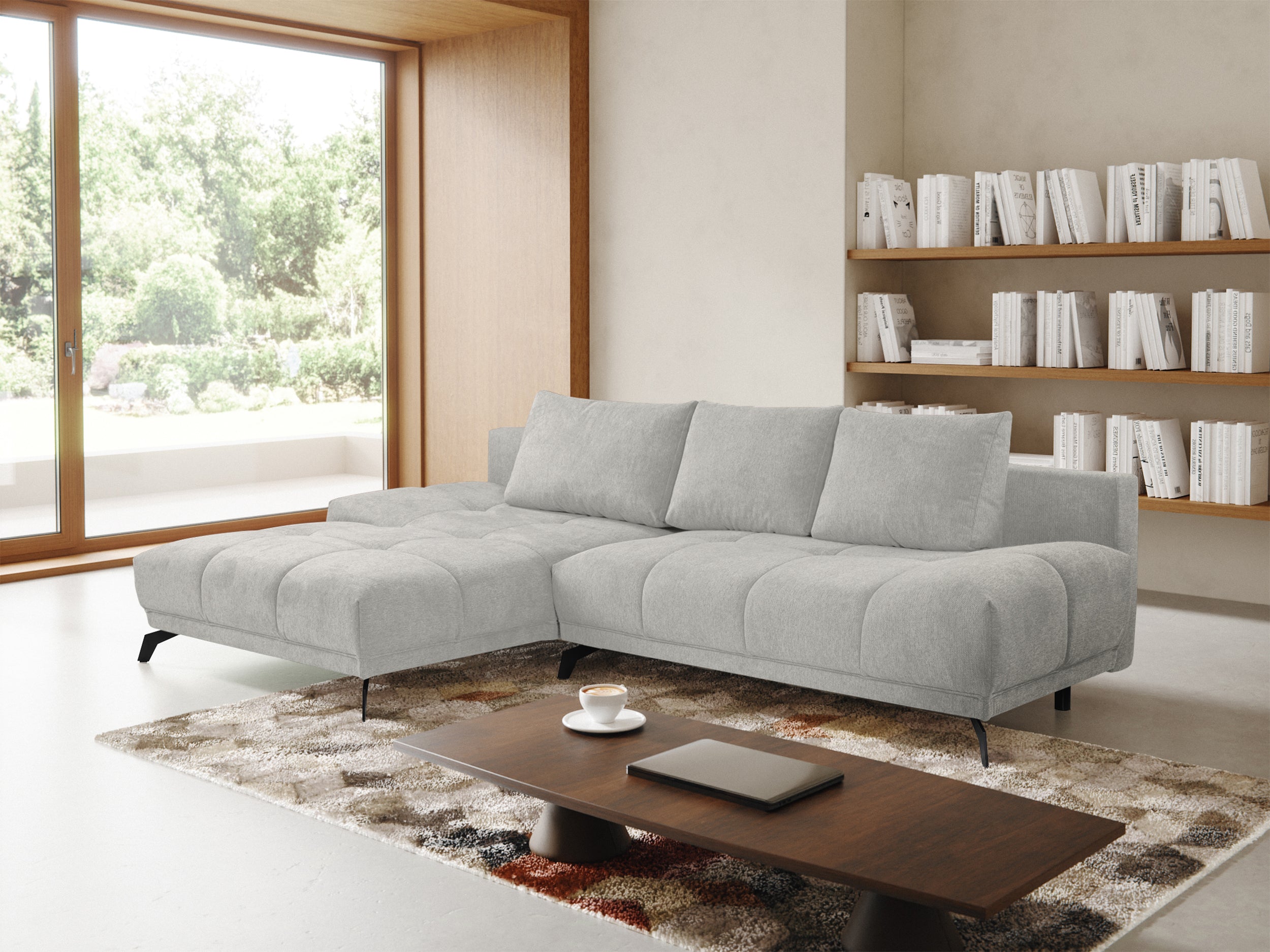 Ecksofa mit Schlaffunktion Felipe L-förmig linksseitig mit Stauraum hellgrauer hydrophober Chenillestoff