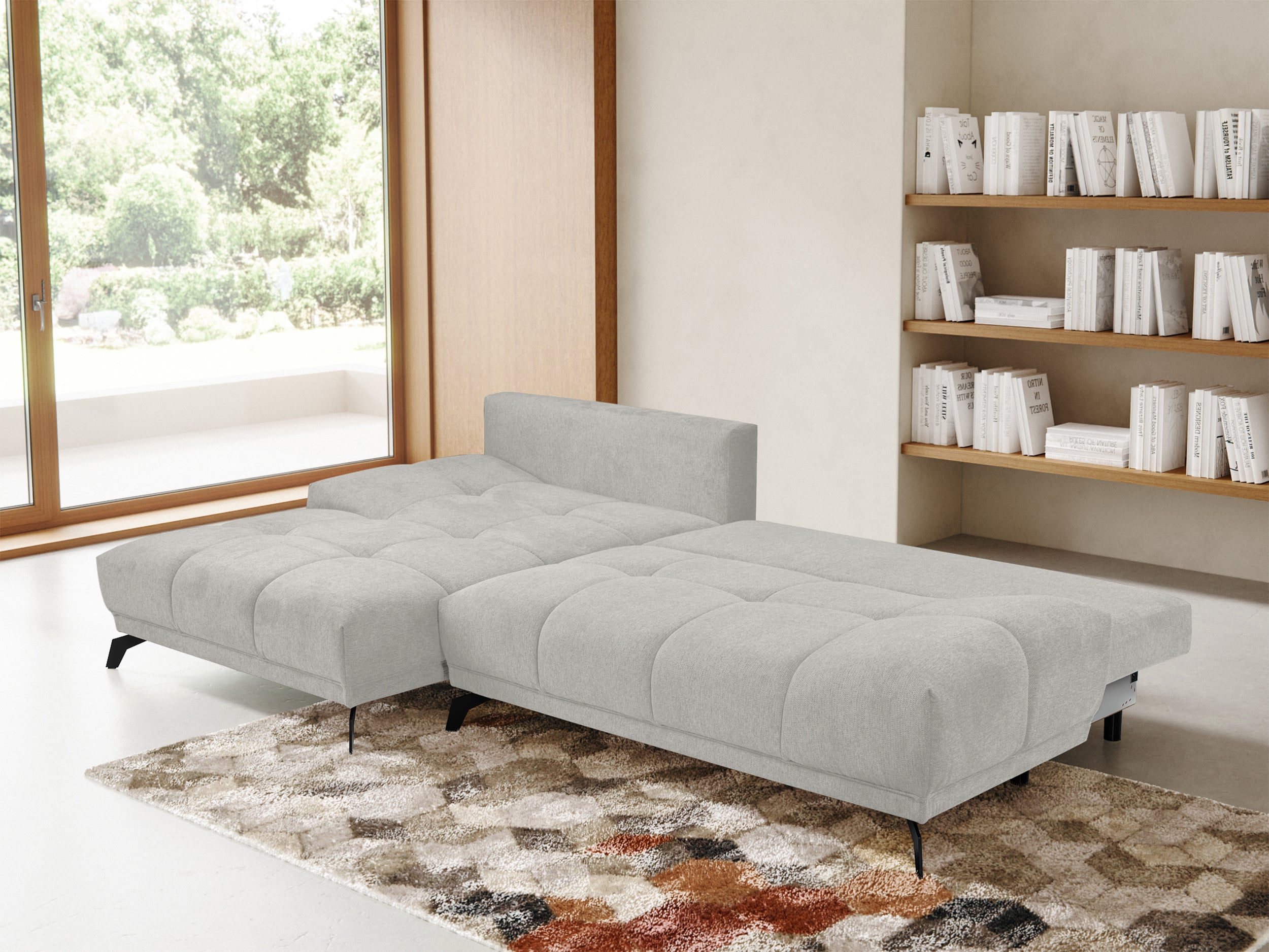 Ecksofa mit Schlaffunktion Felipe L-förmig linksseitig mit Stauraum hellgrauer hydrophober Chenillestoff