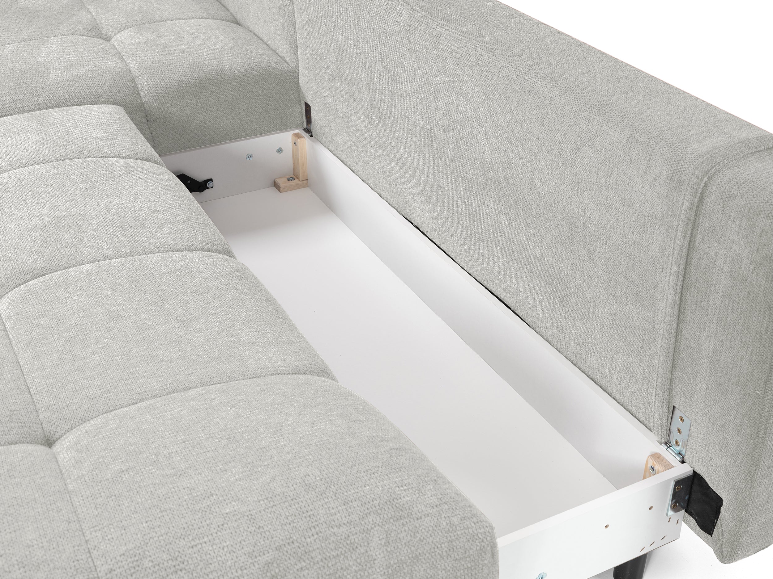 Ecksofa mit Schlaffunktion Felipe L-förmig linksseitig mit Stauraum hellgrauer hydrophober Chenillestoff