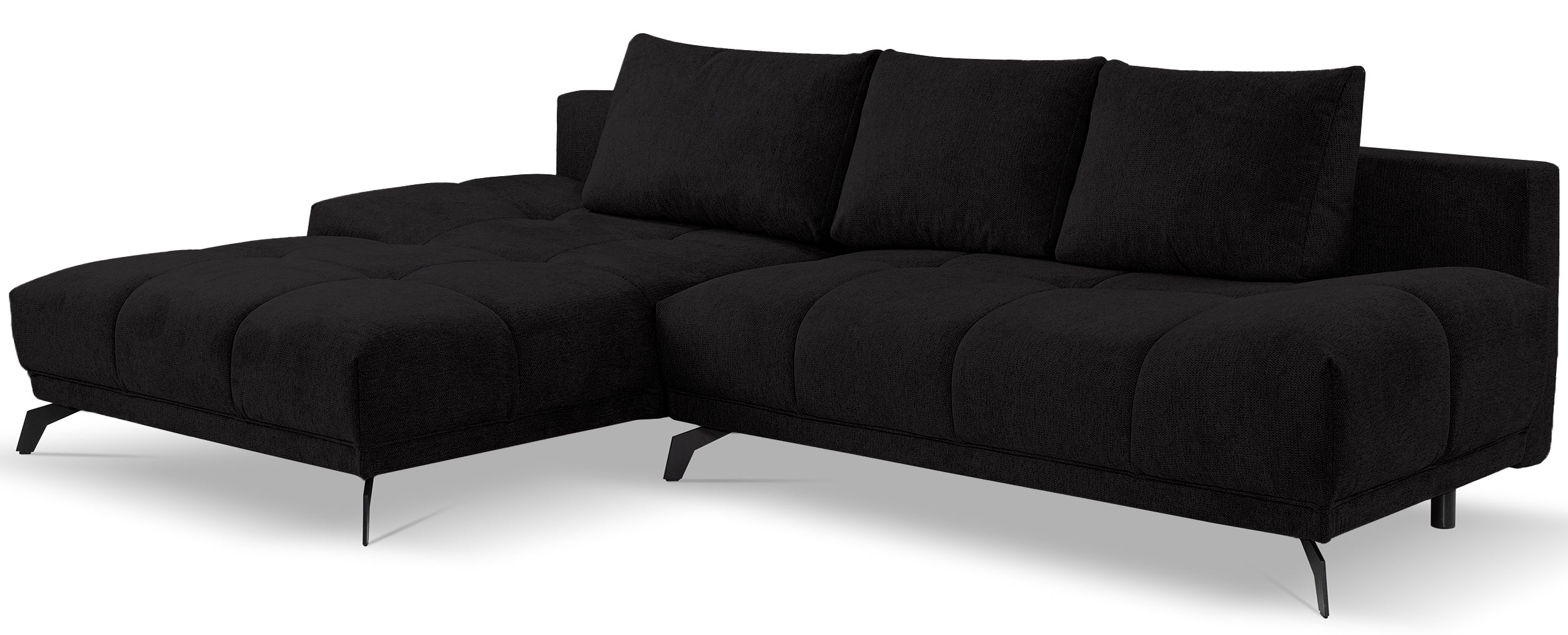 Ecksofa mit Schlafunktion Felipe, L-förmig, linksseitig, mit Stauraum, schwarzer hydrophober Chenille-Stoff