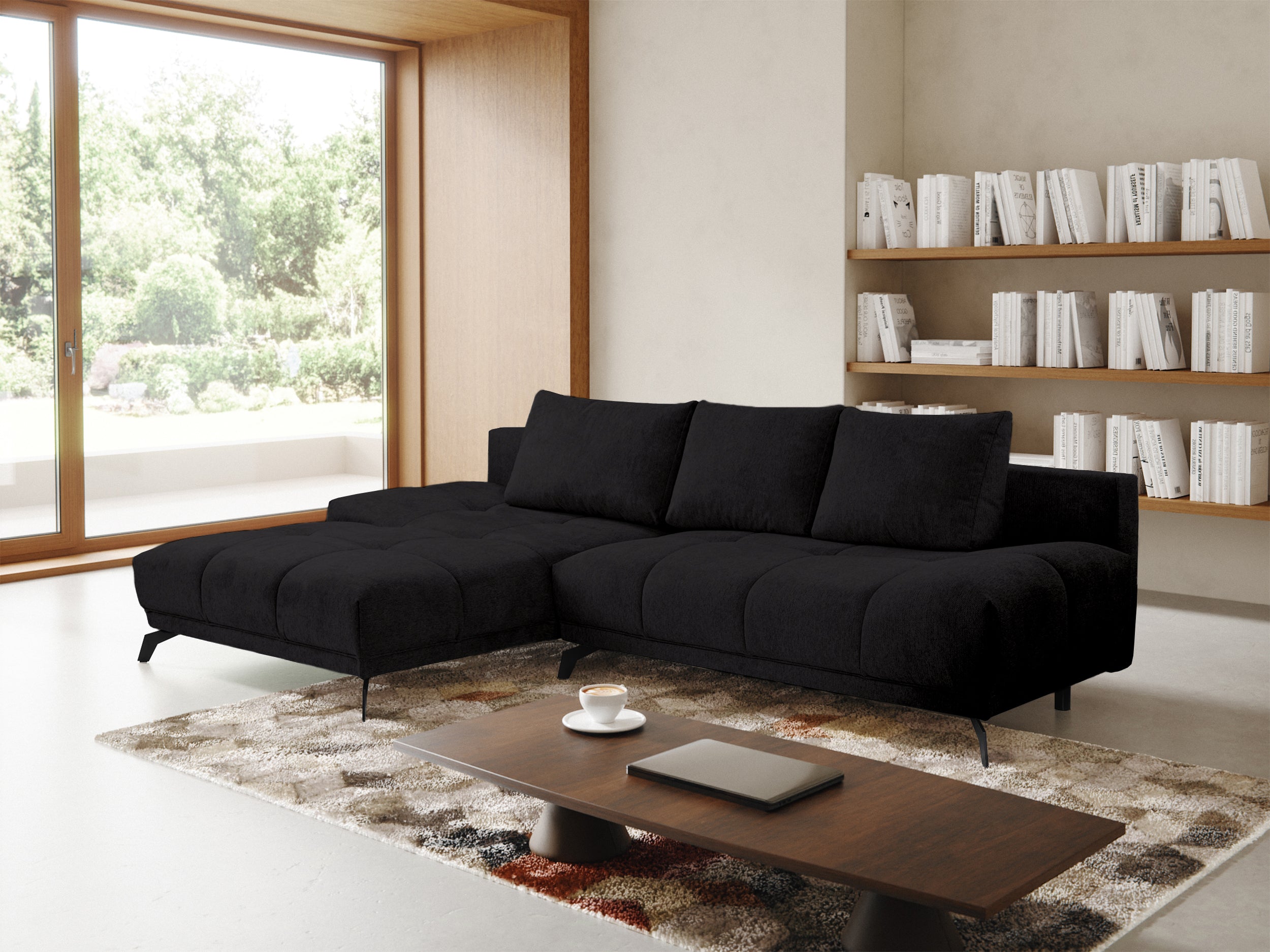 Ecksofa mit Schlafunktion Felipe, L-förmig, linksseitig, mit Stauraum, schwarzer hydrophober Chenille-Stoff