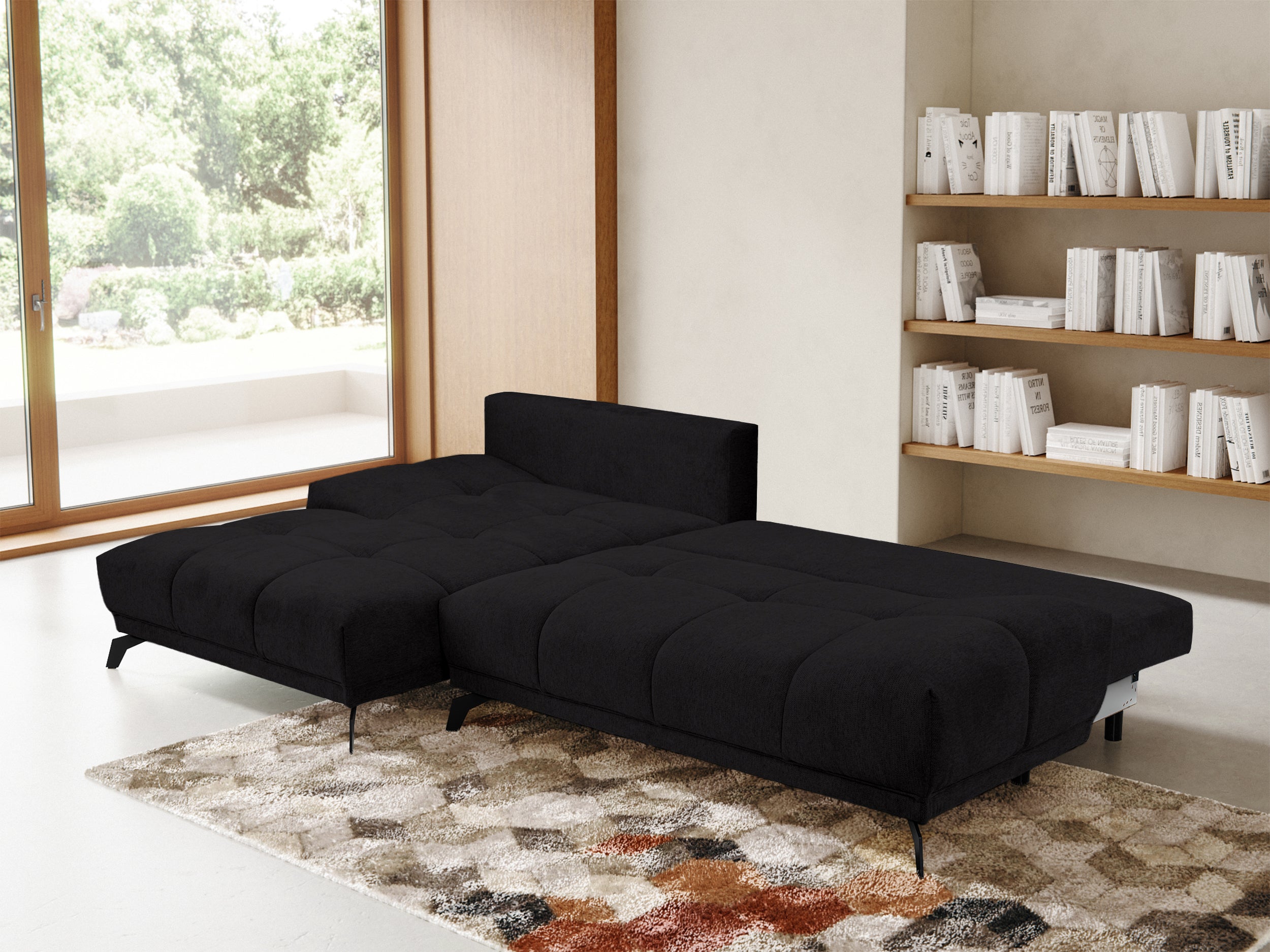 Ecksofa mit Schlafunktion Felipe, L-förmig, linksseitig, mit Stauraum, schwarzer hydrophober Chenille-Stoff